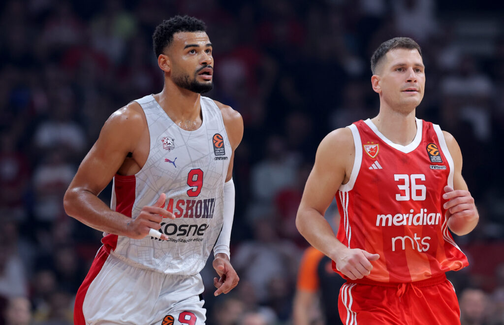 Crvena Zvezda's vies with Baskonia's during round 2 Euroleague basketball match between Crvena Zvezda and Baskonia Vitoria-Gasteiz in Belgrade Serbia on Oct. 9. 2024.