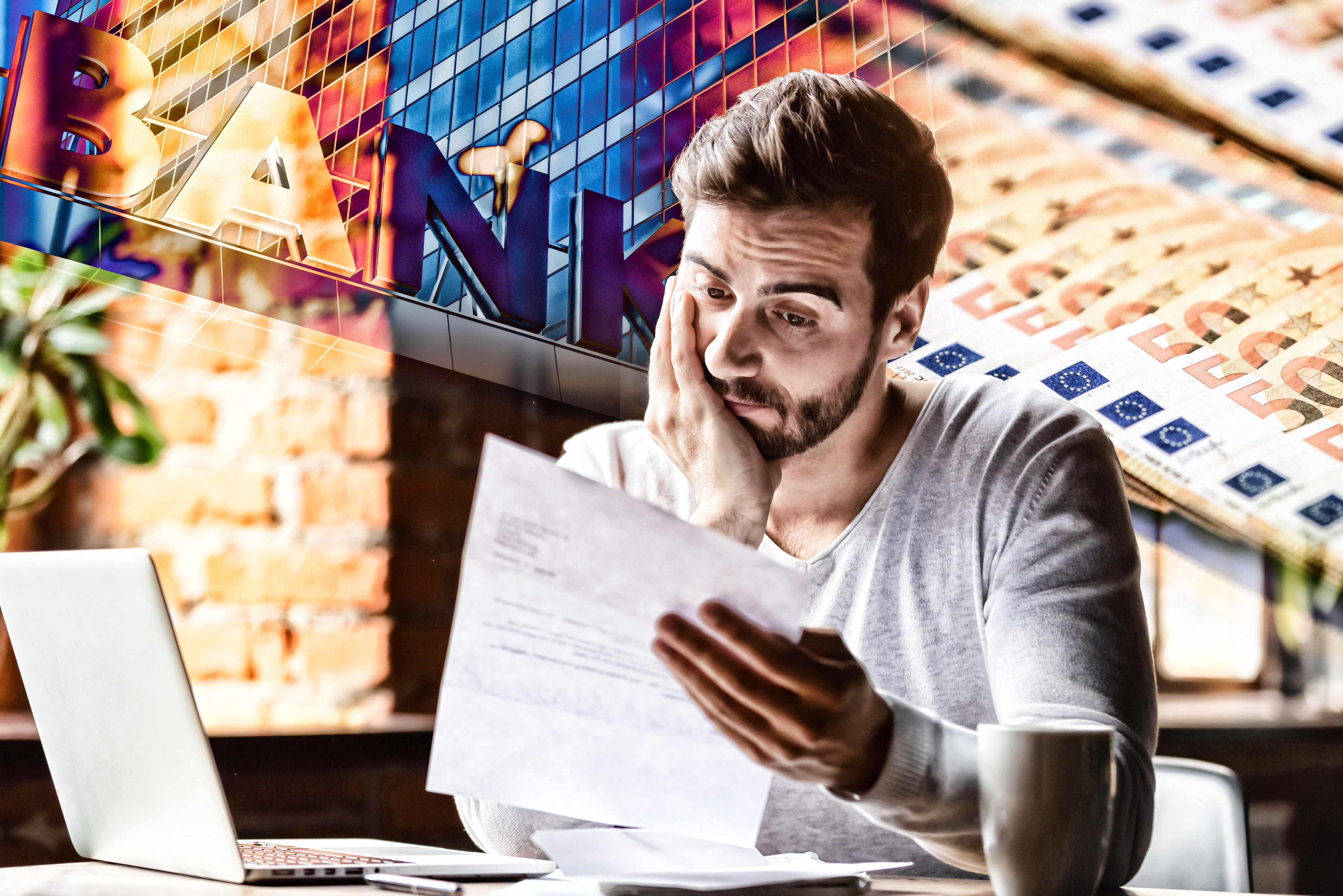 Confused,Frustrated,Young,Man,Reading,Letter,In,Cafe,,Debt,Notification,