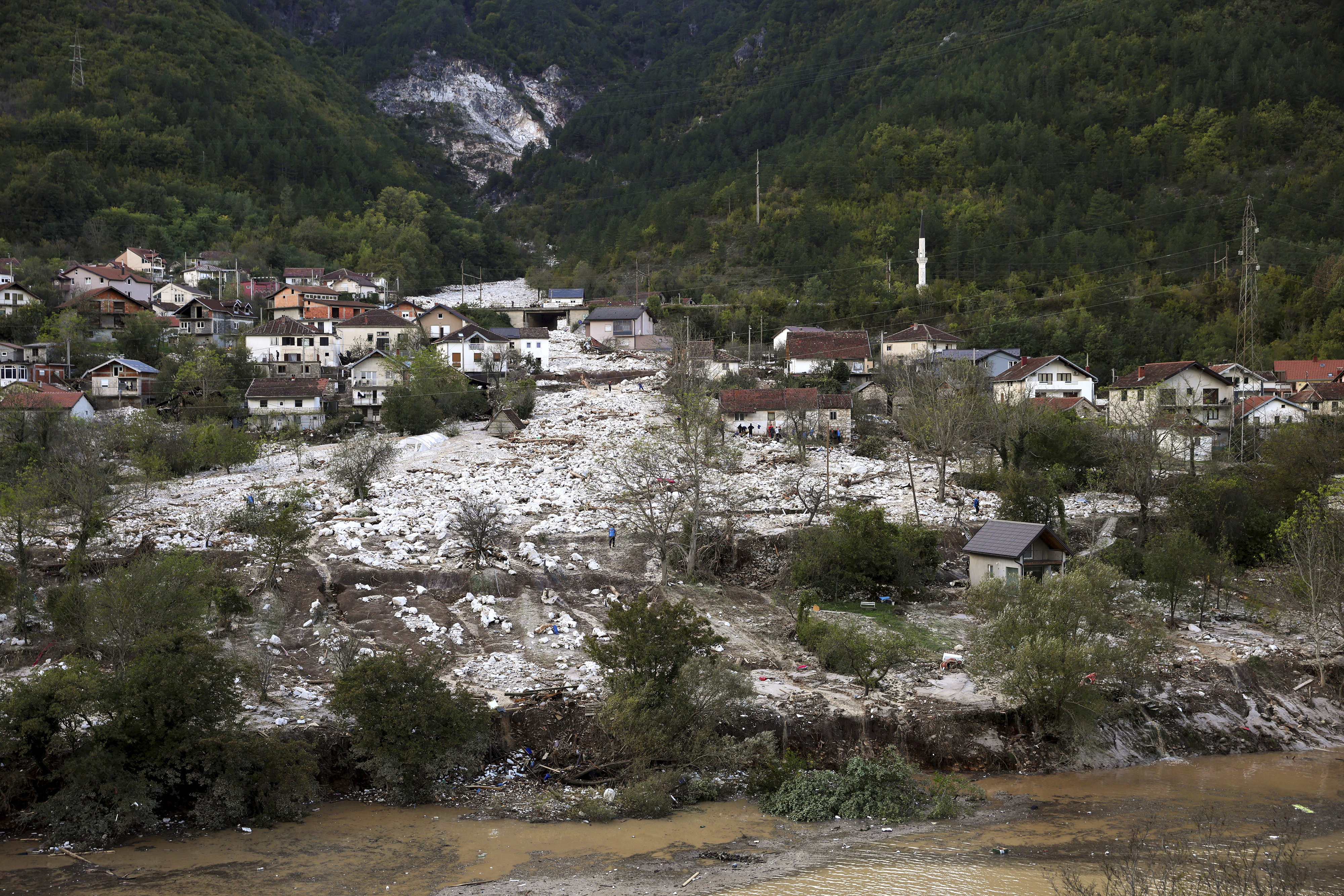 A general view of the area destroyed by a landslide in Donja Jablanica, Bosnia, Friday, Oct. 4, 2024. (AP Photo/Armin Durgut)