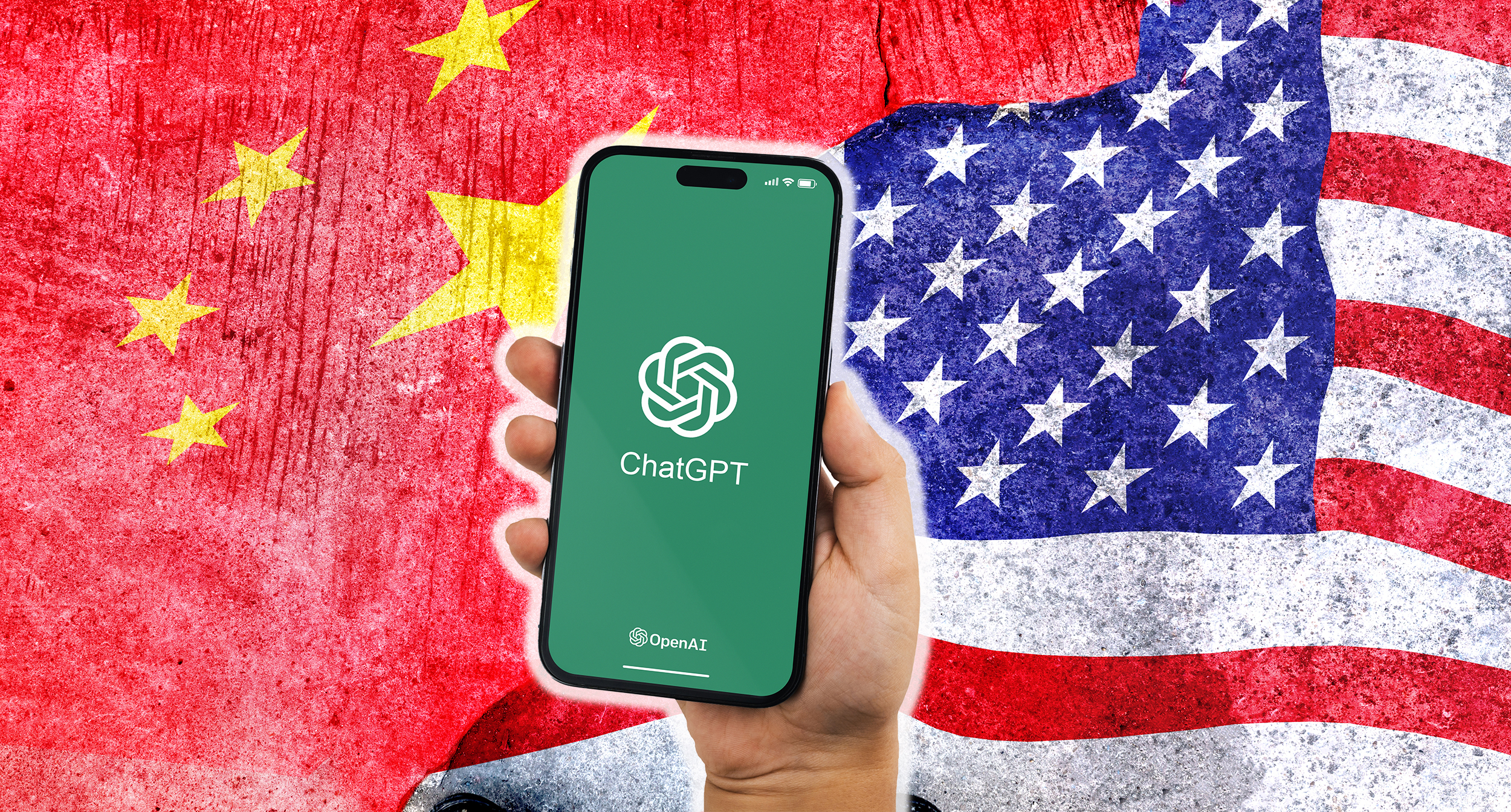 CHINA vs  US background concept, Flags of usa or United States of America and China on old cracked concrete background