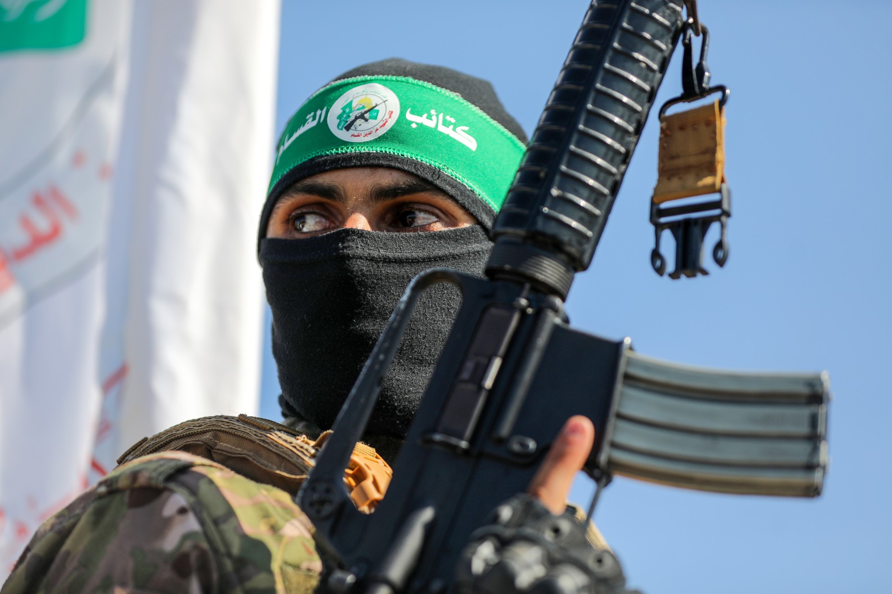 Members of Ezzedine al-Qassam Brigades, the military wing of the Palestinian Hamas movement display weapons which the group used it during the conflict with Israel on 2014 during an exhibition, east of Maghazi refugee camp in the central Gaza Strip, Magha
