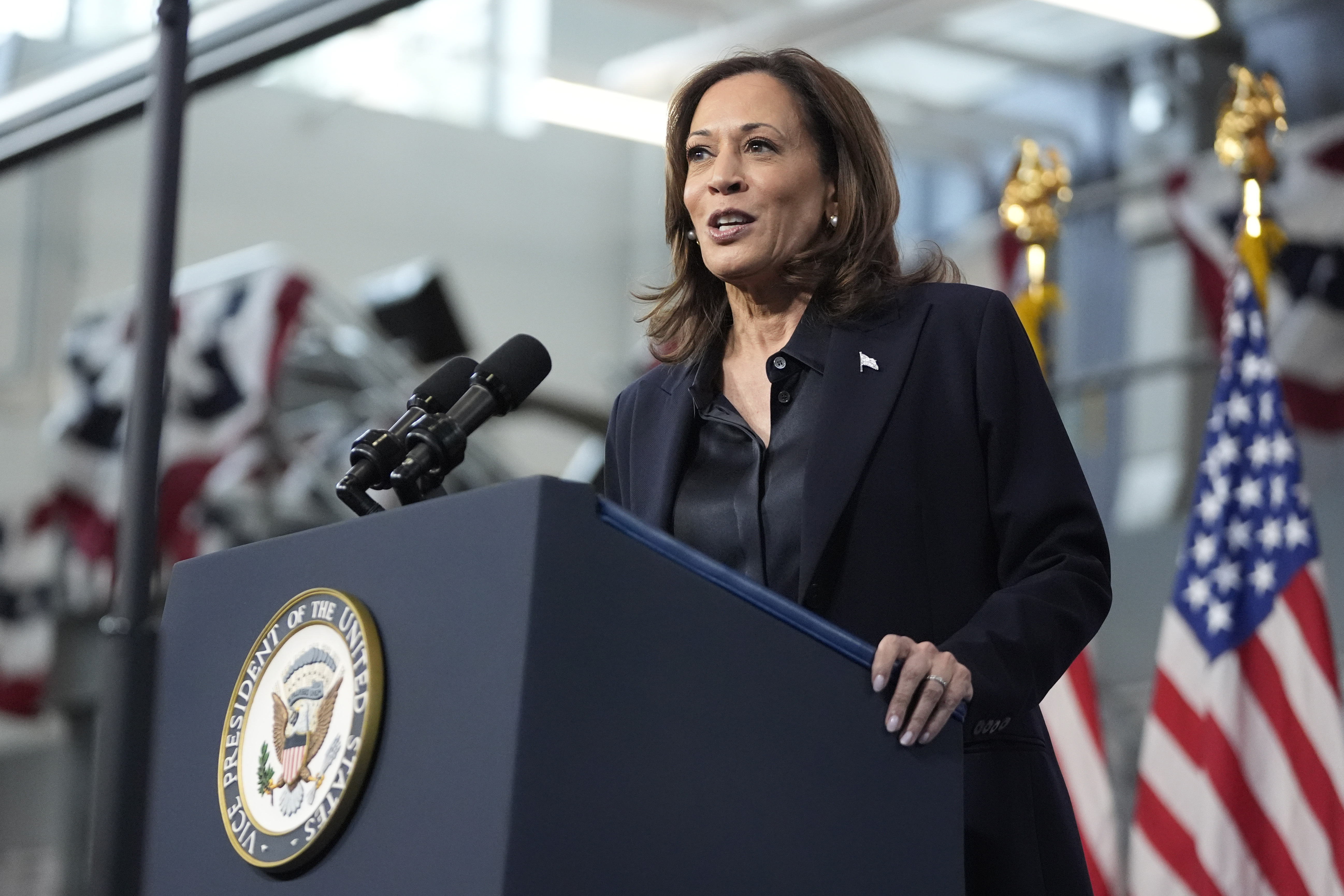 Democratic presidential nominee Vice President Kamala Harris speaks during an event at the Redford Township Fire Department North Station in Redford Township, Mich., Friday, Oct. 4, 2024. (AP Photo/Mark Schiefelbein)