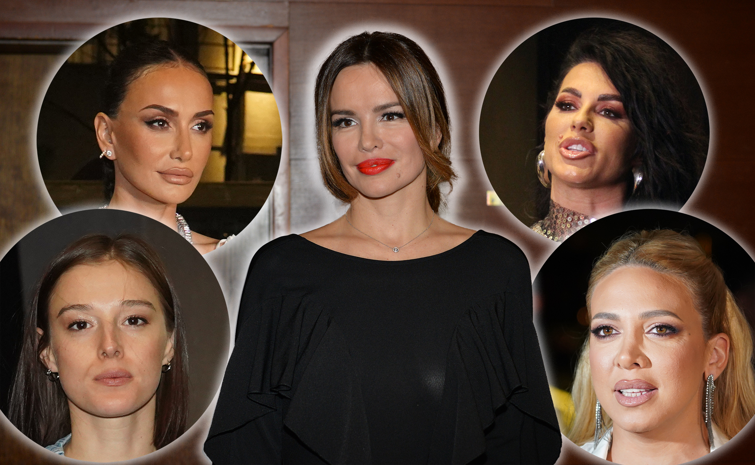 kombo Severina u sredini, a oko nje (mogu i u kružićima) Seka Aleksić, Milena Radulović, Milica Todorović, Emina Jahović.