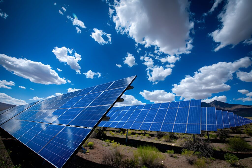 Solar panels stretch across arid landscape harnessing sustainable energy from sun beneath clear blue sky.,Image: 864882452, License: Royalty-free, Restrictions: , Model Release: no, Credit line: Yevhen Bataltsev / Panthermedia / Profimedia