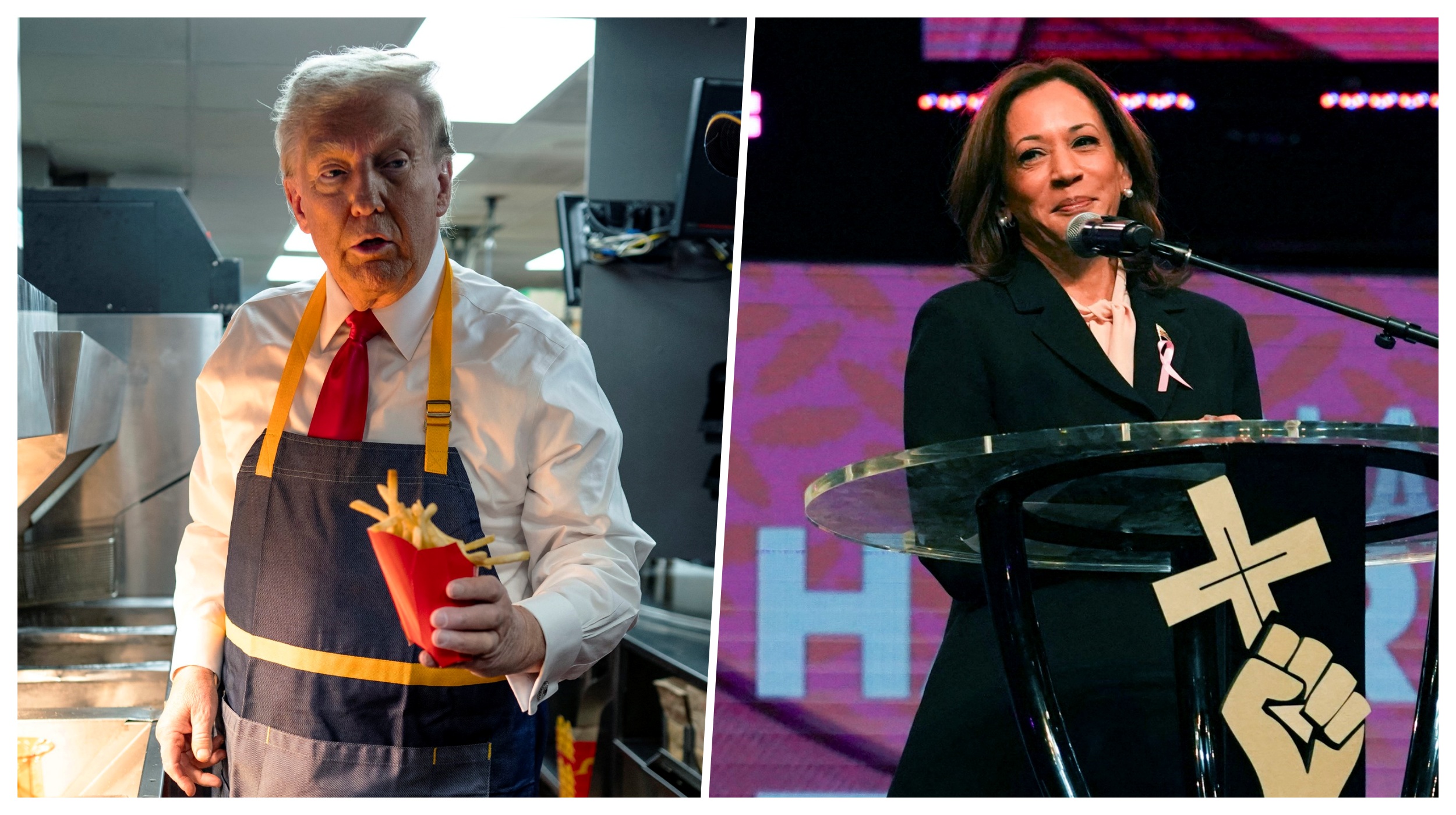 Donald Tramp McDonalds, Kamala Haris crkva kombo
