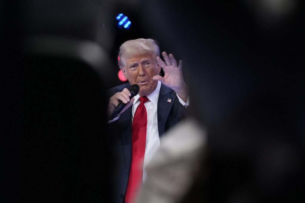 Republican presidential nominee former President Donald Trump speaks during a Univision town hall, Wednesday, Oct. 16, 2024, in Doral, Fla. (AP Photo/Alex Brandon)