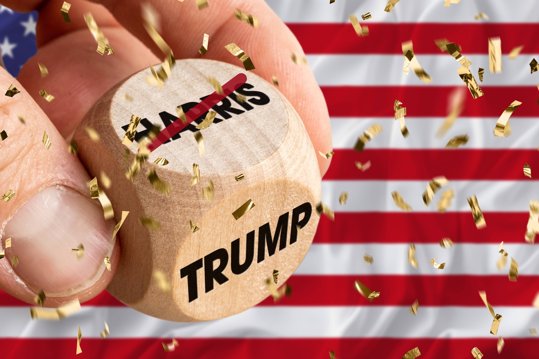 Američki izbori Bavaria, Germany - October 27, 2024: Cube with inscription Donald Trump and confetti. Symbolizes won election campaign f