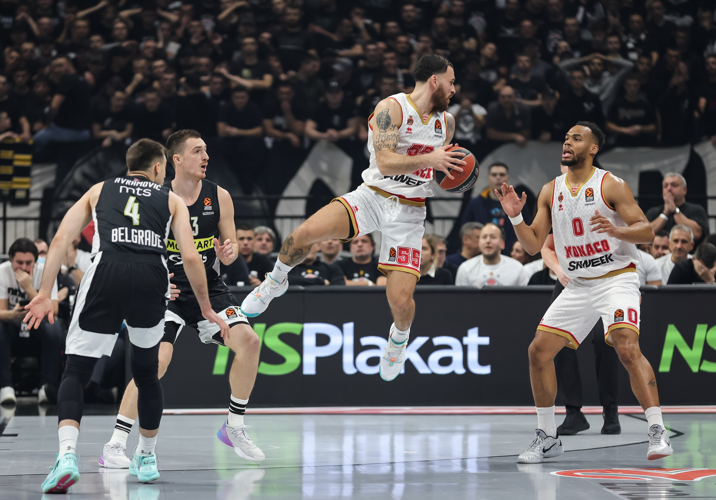 Mike James (C) Elie Okobo (R) and Danilo Andjusic (L) during the Turkish Airlines EuroLeague match between Partizan Mozzart Bet Belgrade and AS Monaco at Stark Arena on January 05, 2023 in Belgrade, Serbia. (Photo by Srdjan Stevanovic/Starsport.rs ©)