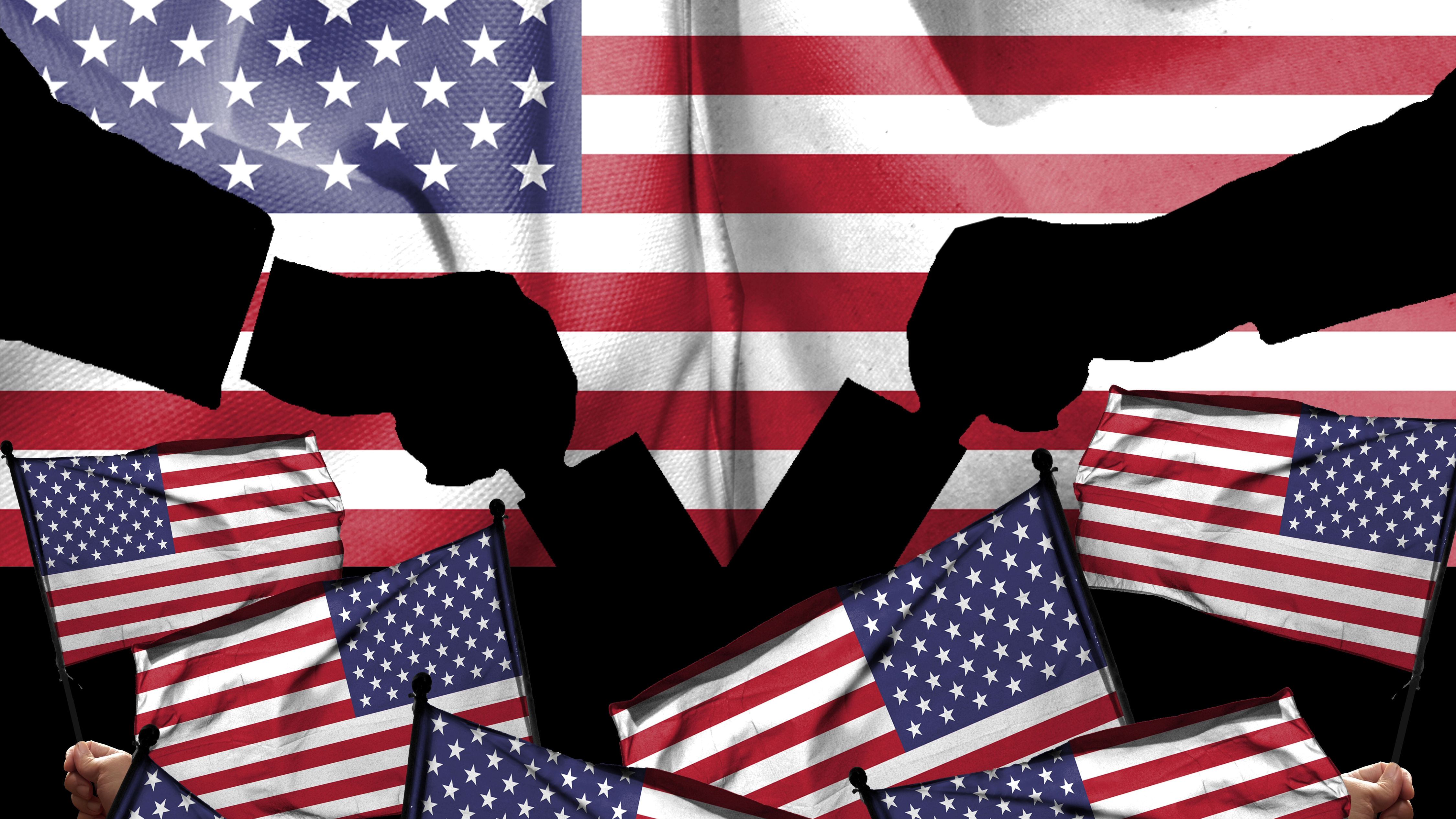 American flag and election vote silhouette composition. Describe the 2024 US election situation and results. Basemap and background concept. Double exposure hologram. PR, KapitalRS,