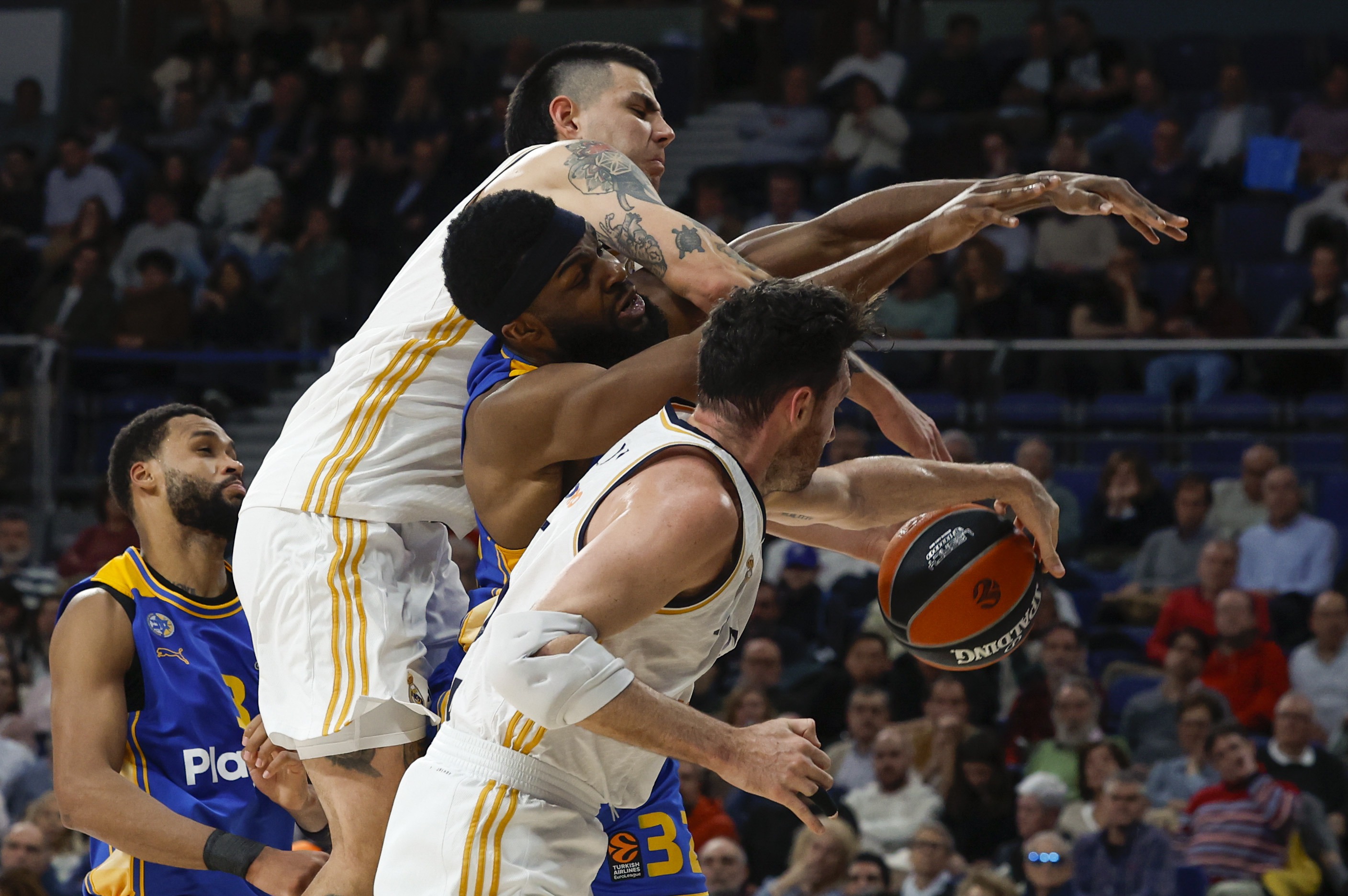 epa11114783 Real Madrid's Gabriel Deck (2-L) and Rudy Fernandez (R) in action against Maccabi's Josh Nebo (C) during the Euroleague basketball match between Real Madrid and Maccabi Tel Aviv, in Madrid, Spain, 30 January 2024.  EPA-EFE/JUANJO MARTIN