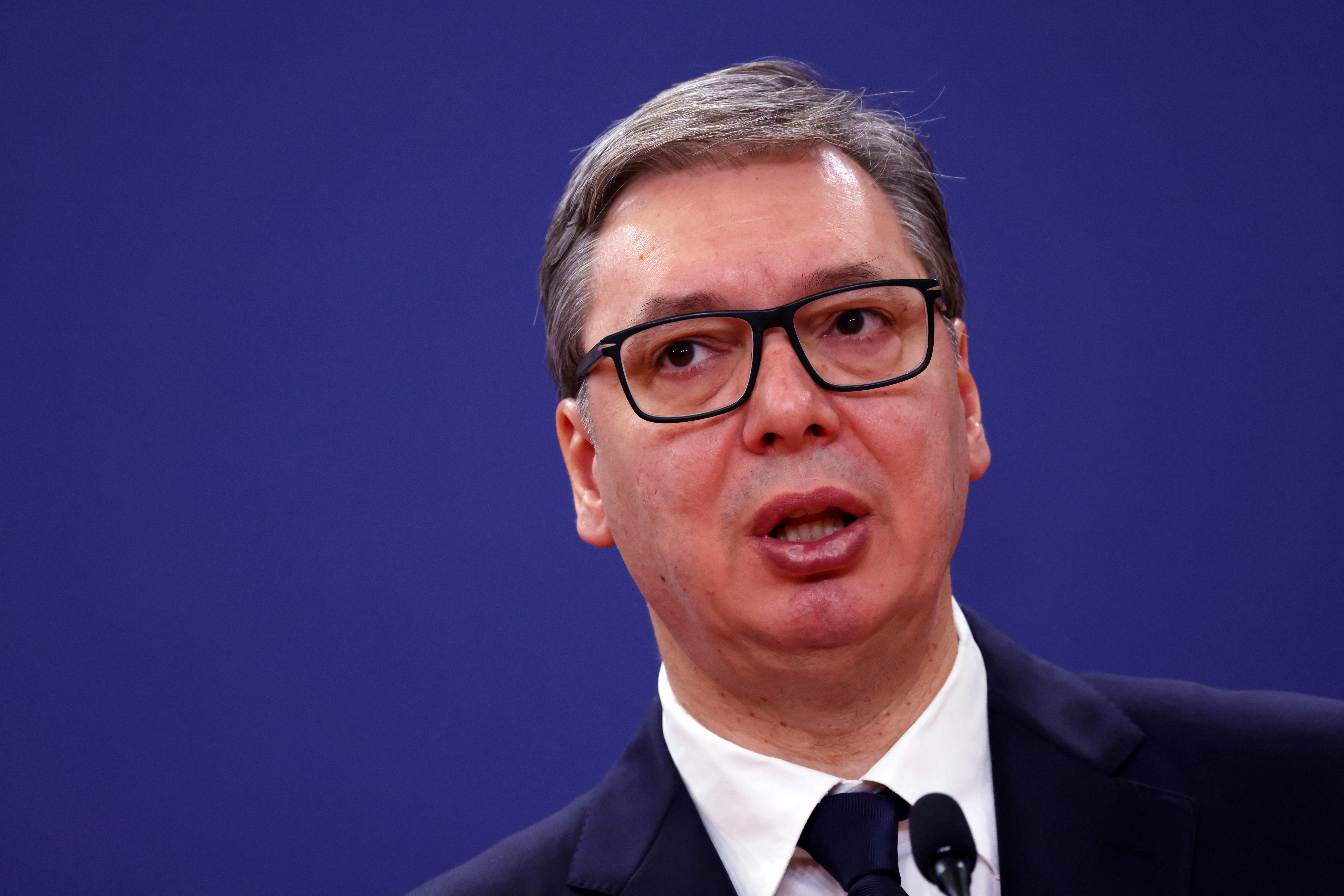 epa11728763 Serbian President Aleksandar Vucic attends a joint press conference with the Kazakh president following their meeting in Belgrade, Serbia, 19 November 2024. The Kazakh president is on an official state visit to Serbia.  EPA-EFE/ANDREJ CUKIC