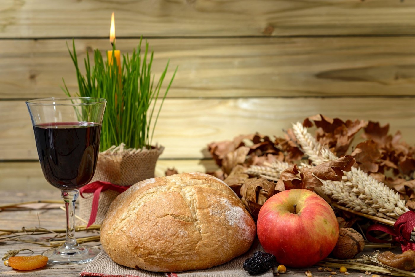 Traditional food for orthodox Christmas eve. Yule log or badnjak, apples, wine, bread, cereals, dried fruit and a burning candle in green wheat on a w