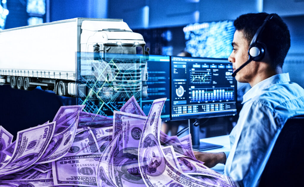 dajte mi nekog dispečera, pare i iza neka bude kamion neki Confident Male Data Scientist Works on Personal Computer Wearing a Headset in Big Infrastructure Control and Monitoring Room. Map Surveillance of People Walking on City Streets