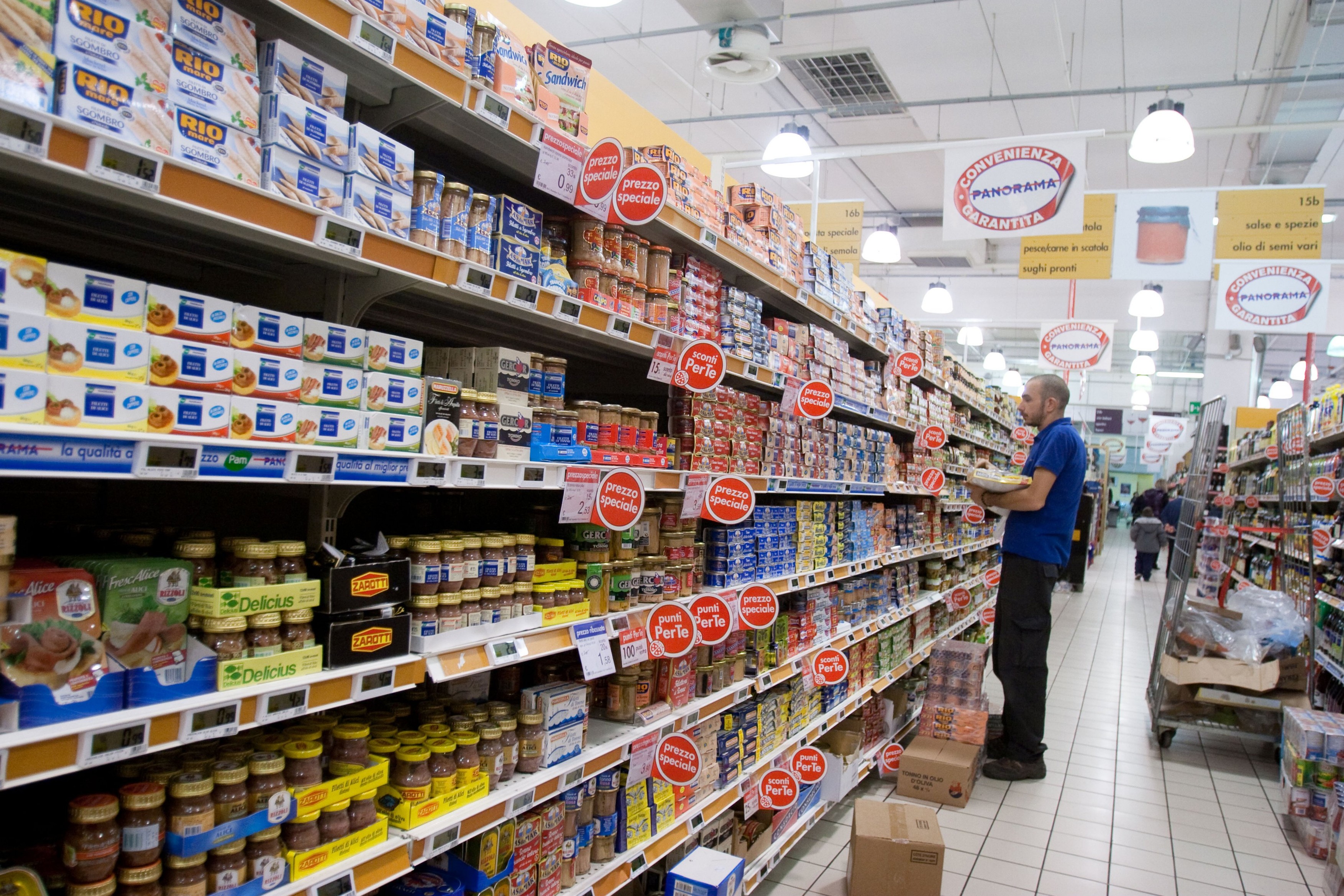 Store supermarket market Rome Italy stock stack large group prices shopping buying savings special offer economy