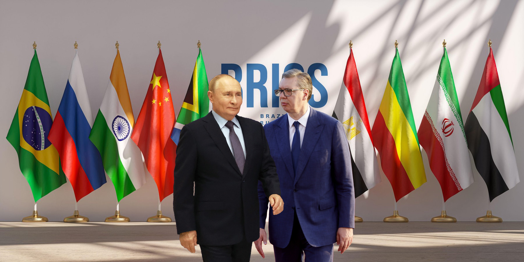 BRICS summit or meeting concept. Row from flags of all members of BRICS list of countries. 3d illustration