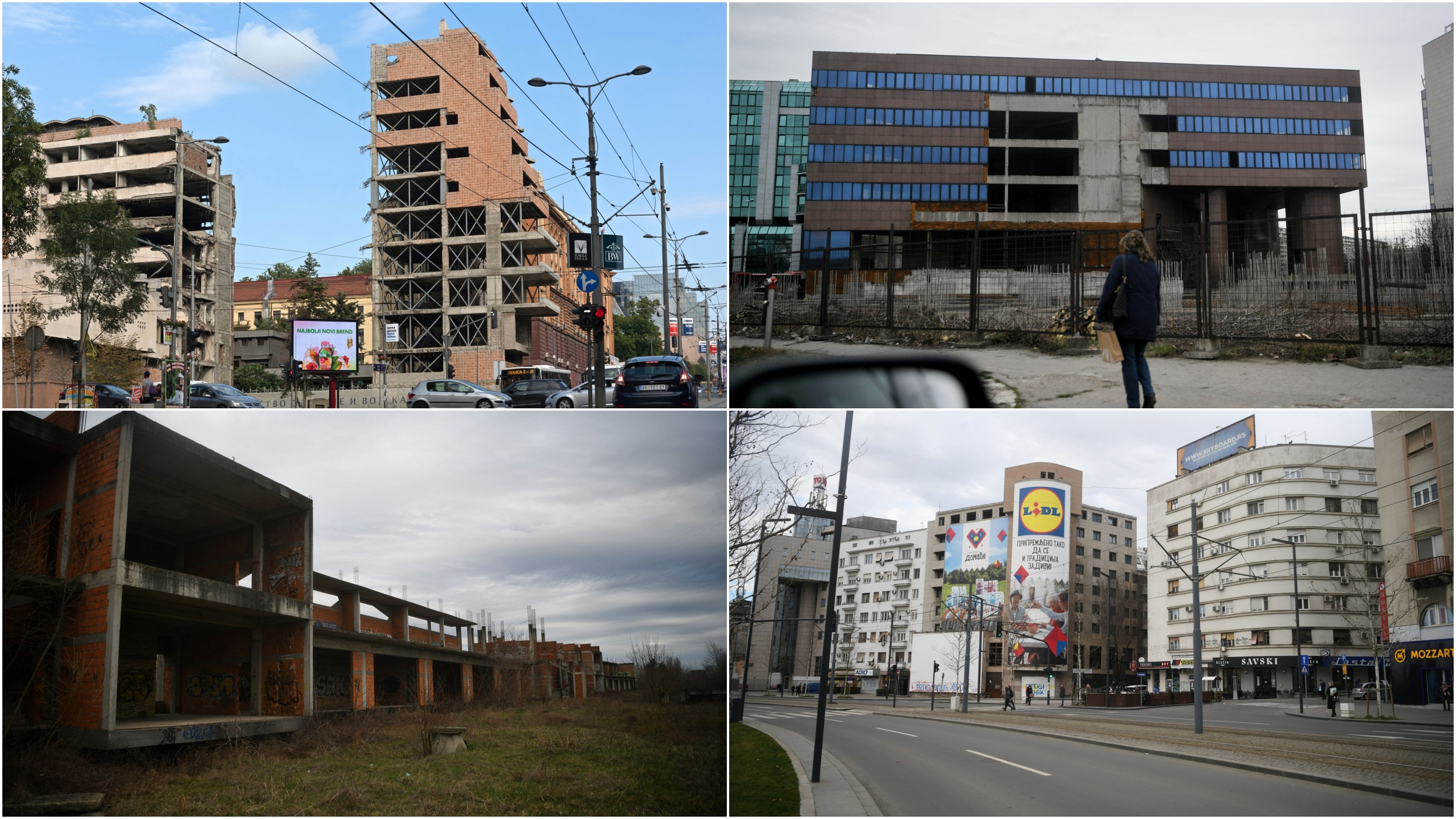 ruševine Generalštaba, akva park u izgradnju u bloku 44, zgrada EPS u bloku 20 koja se prodaje, hotel Lika u Karađorđevoj