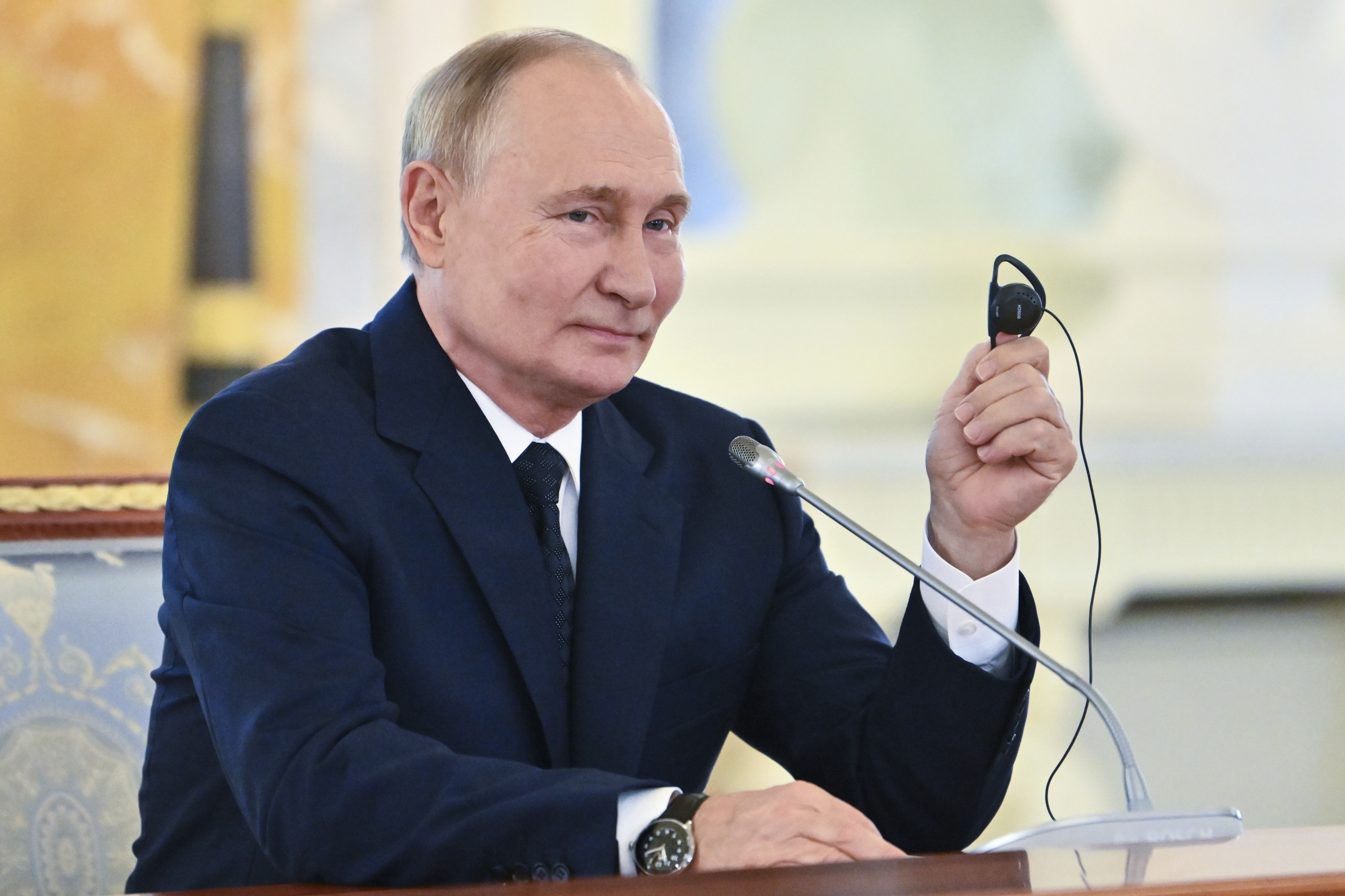Russian President Vladimir Putin attends the meeting with BRICS and BRICS Plus High-Level Security Officials in St. Petersburg, Russia, Thursday, Sept. 12, 2024. (Kristina Kormilitsyna, Sputnik, Kremlin Pool Photo via AP)