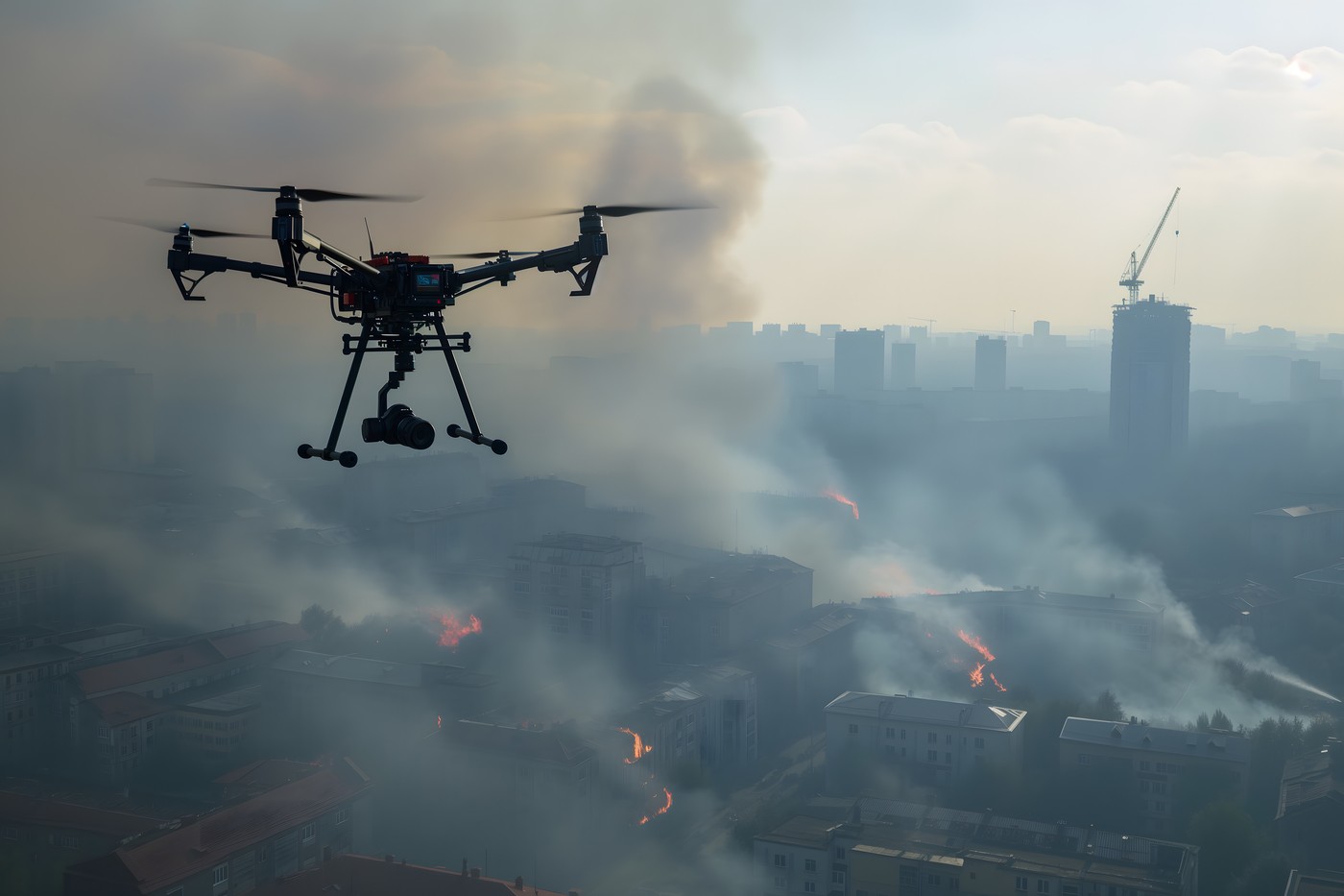 Copter drone over city with smoke. Neural network generated image. Not based on any actual scene or pattern.,Image: 854419631, License: Royalty-free, Restrictions: , Model Release: no, Credit line: Sergei Lykov / Panthermedia / Profimedia