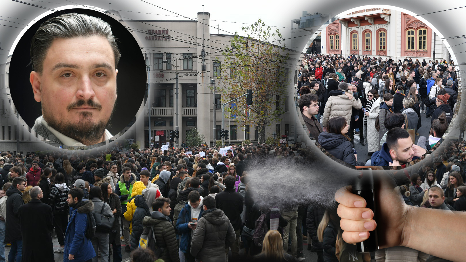 Jovan Rajić, advokat, studentski protesti, bolokade, studenti, blokada, biber sprej, kombo 
Beograd 11.12.2024. Pravni fakultet  u Beogradu, blokda, studenti Foto: Amir Hamzagič/Nova.rs