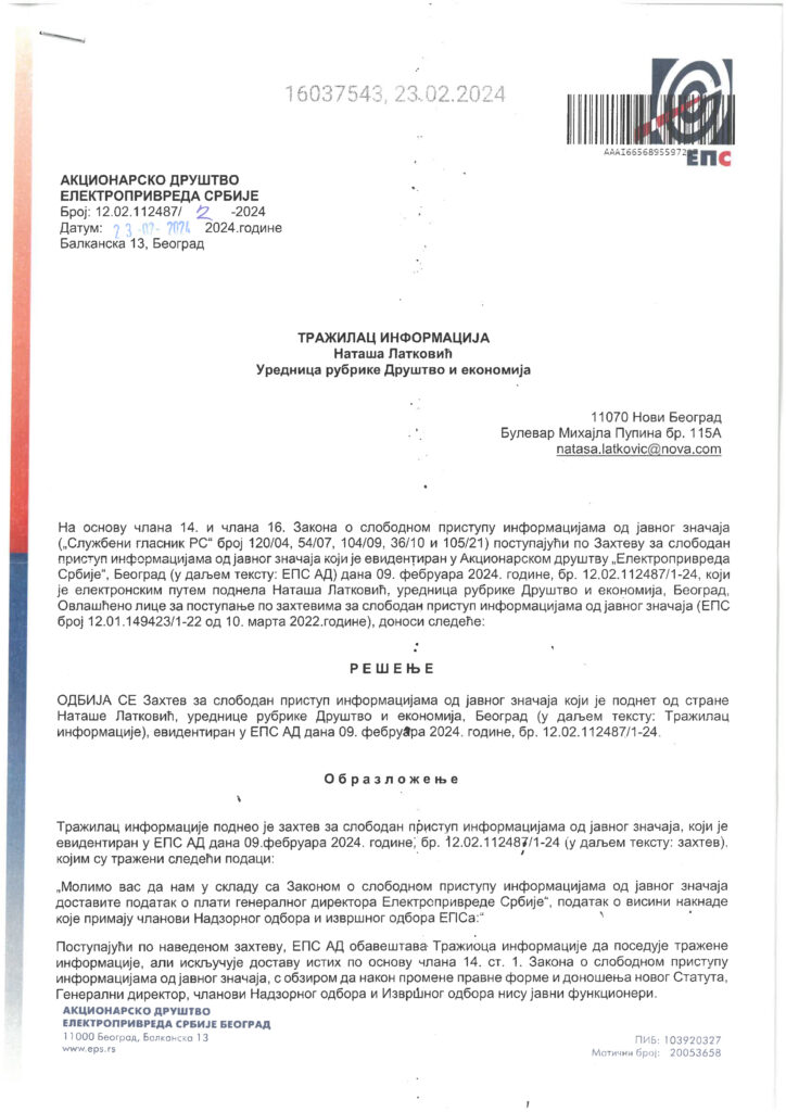 elektroprivreda srbije odgovor Nataši Latković