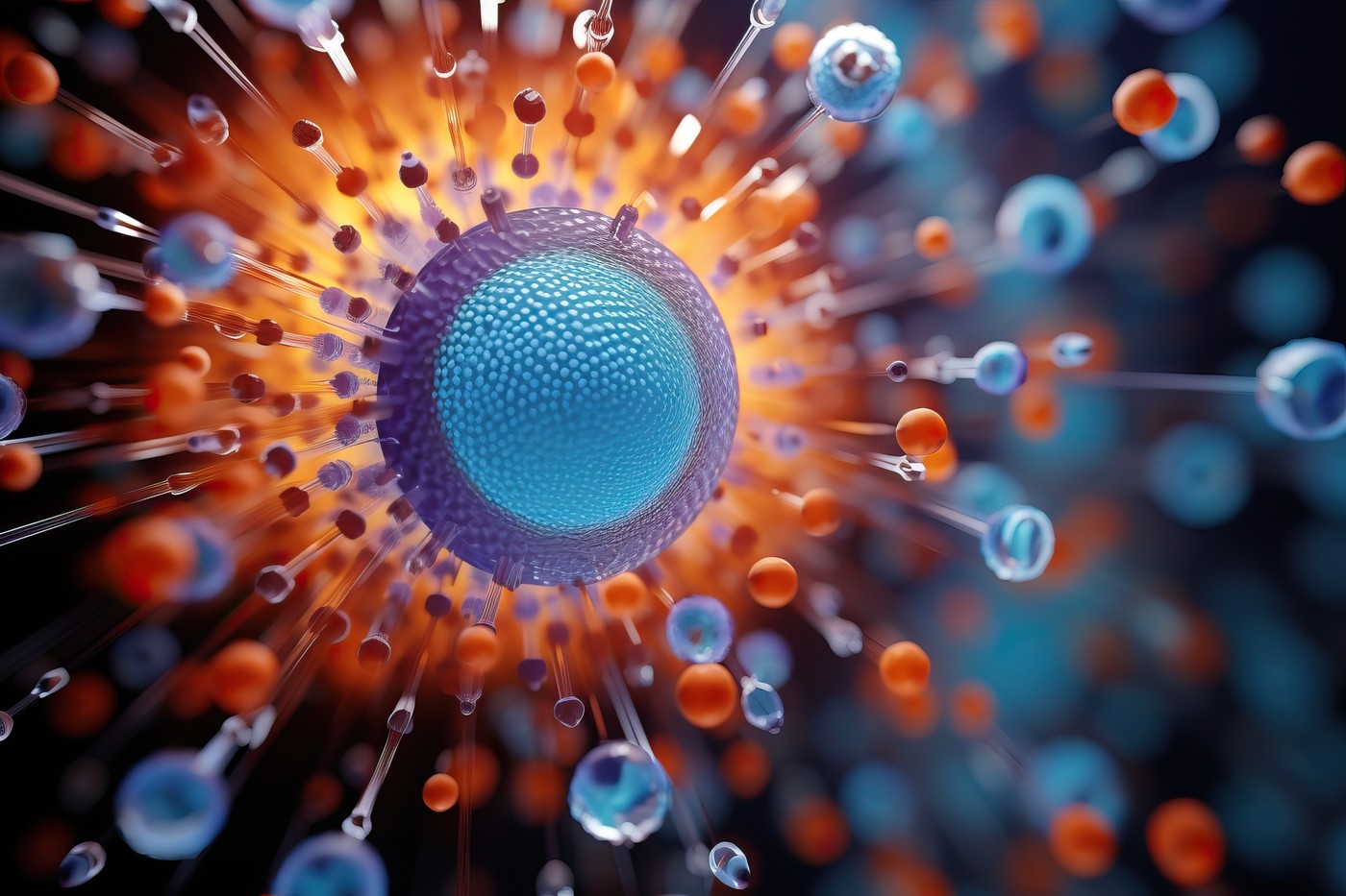 Abstract visualization of a virus or microbe under microscope with glowing particles. Concept of medical research, virus, and microbiology.