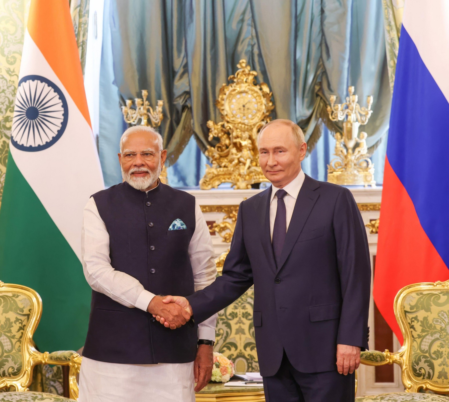 Moscow, Russia. 09th July, 2024. Russian President Vladimir Putin, right, shakes hands with Indian Prime Minister Narendra Modi, left, before a bilateral meeting at the Grand Kremlin Palace, July 9, 2024 in Moscow Oblast, Russia. Credit: PIB/Press Informa