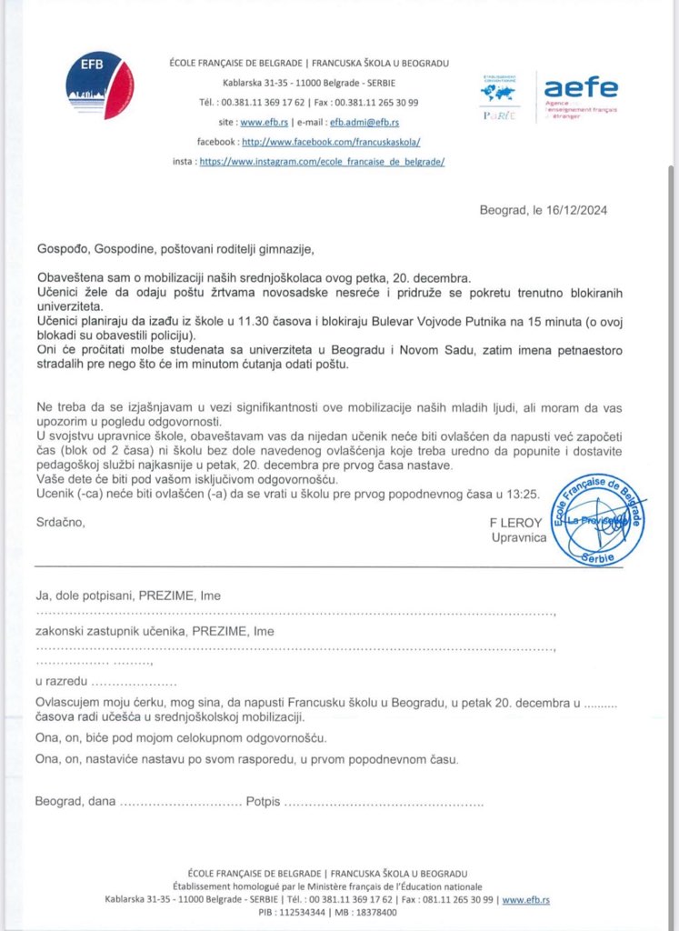 Saopštenje upravnice Francuske škole povodom zahteva učenika za odavanjem pošte nastradalima u Novom Sadu, Foto: Printscreen /N1