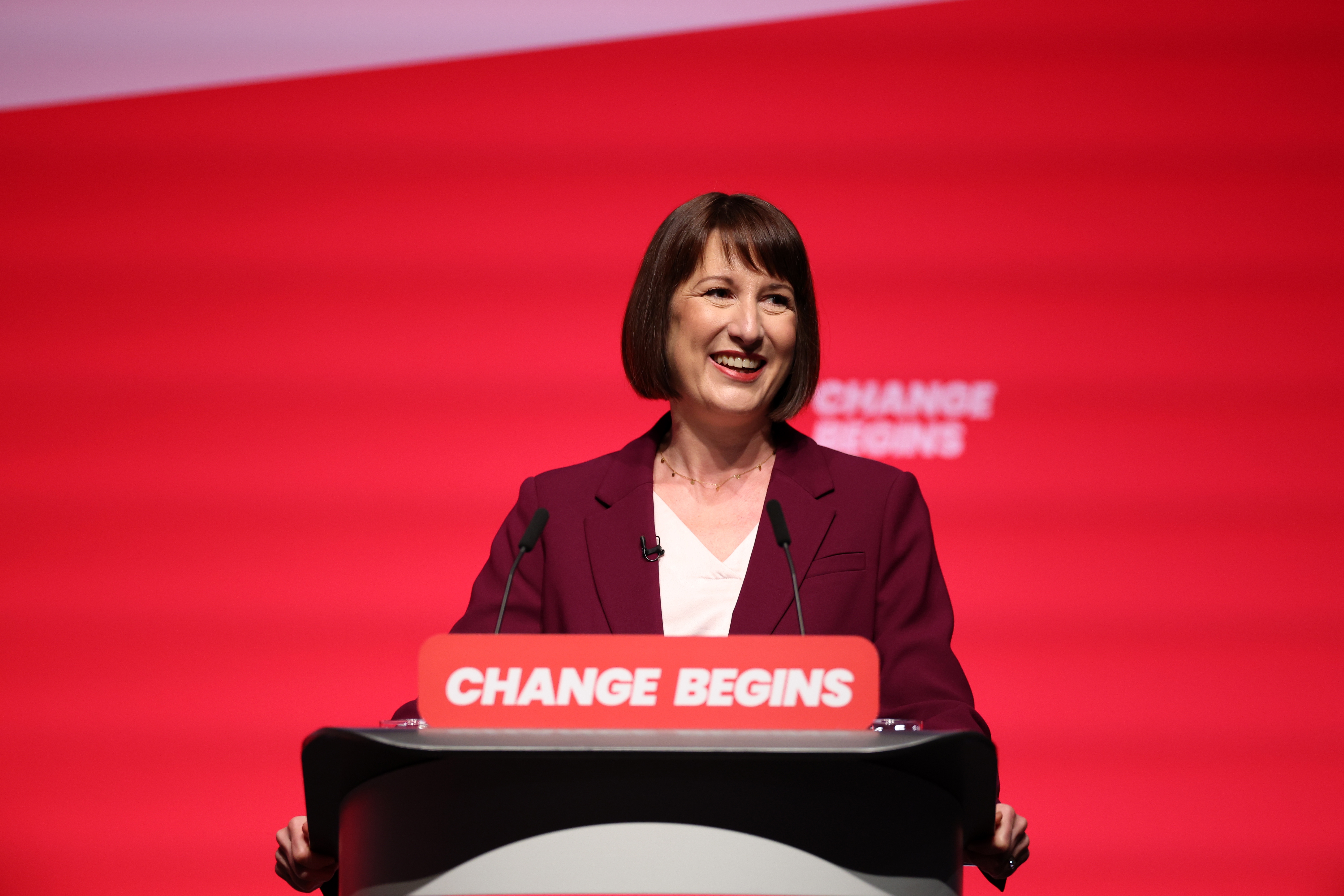 epa11620524 British Chancellor of the Exchequer Rachel Reeves speaks at the Labour Party Conference in Liverpool, Britain, 23 September 2024. The conference runs from 22 to 25 September at the Arena Convention Centre in Liverpool.  EPA-EFE/ADAM VAUGHAN