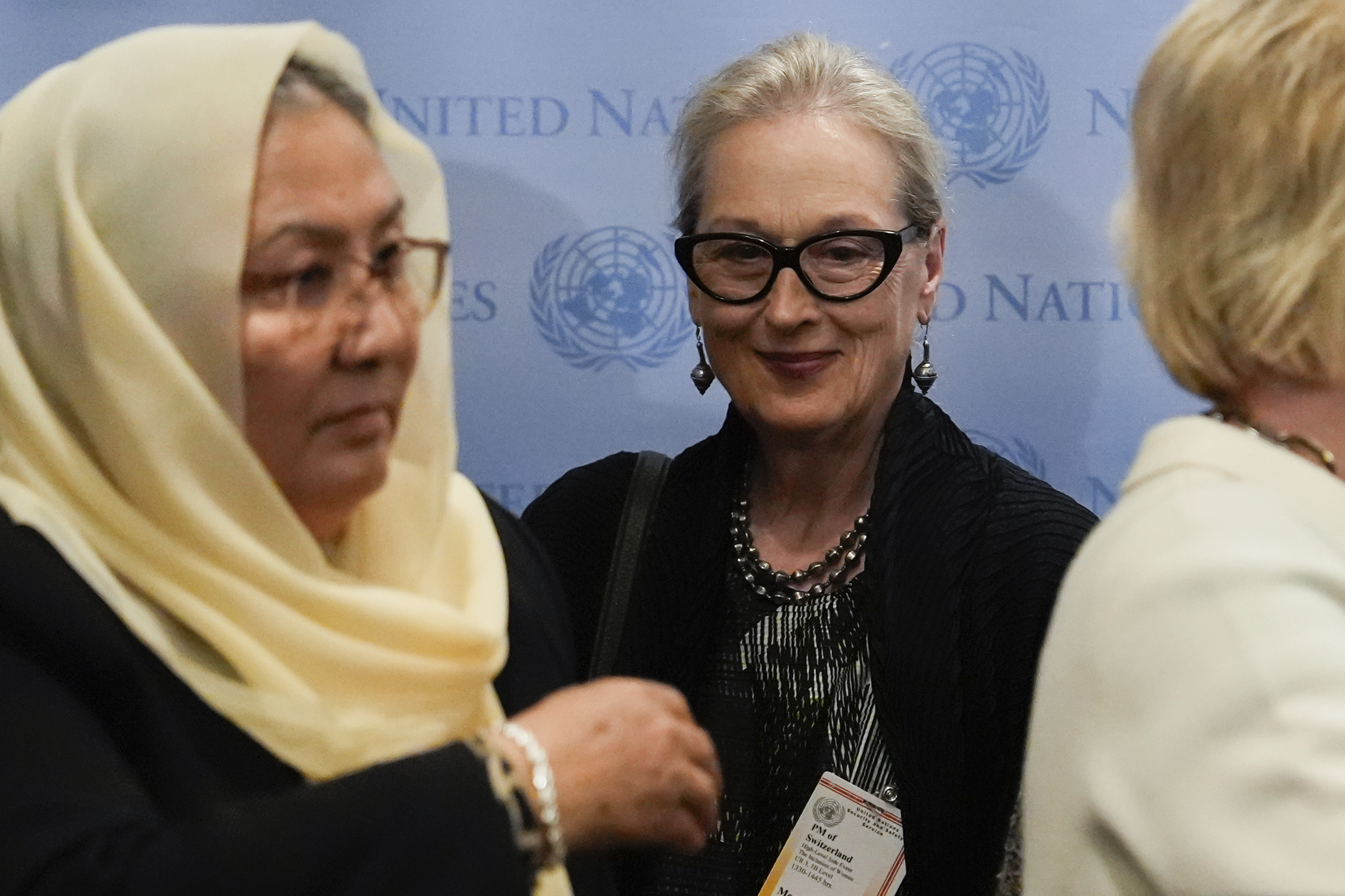 Meryl Streep, center, arrives at a press conference following an event on "The Inclusion of Women in the Future of Afghanistan," Monday, Sept. 23, 2024, at the United Nations headquarters. (AP Photo/Julia Demaree Nikhinson)