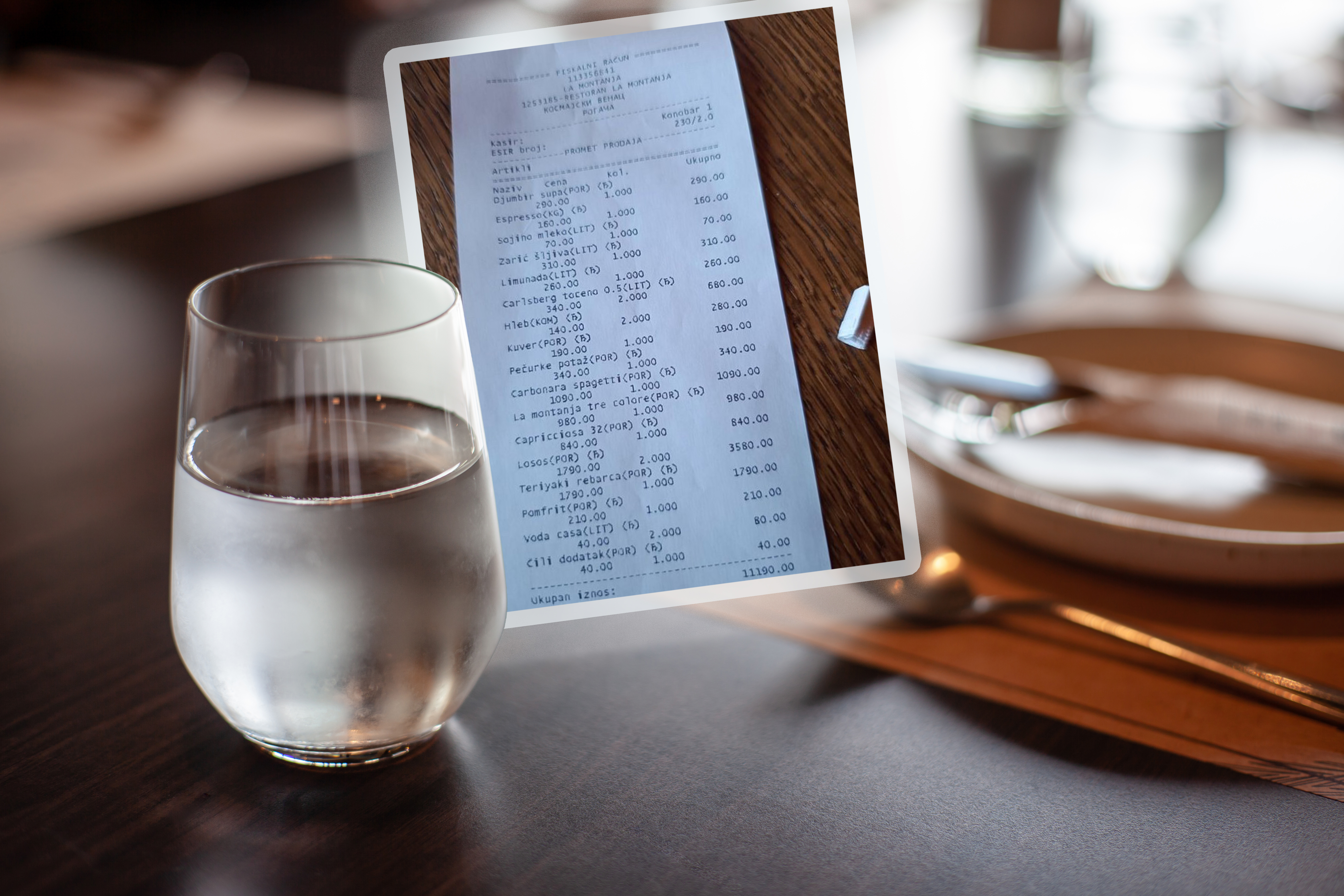 Restoran zeni naplatili čašu vode A glass of cold mineral water on the dining table in the restaurant .
“Cao, restoran na kosmaju, pogledajte predzadnji red, casu vode naplacuju. U pitanju je klasicna cesmovaca, da ne bude zabune.”