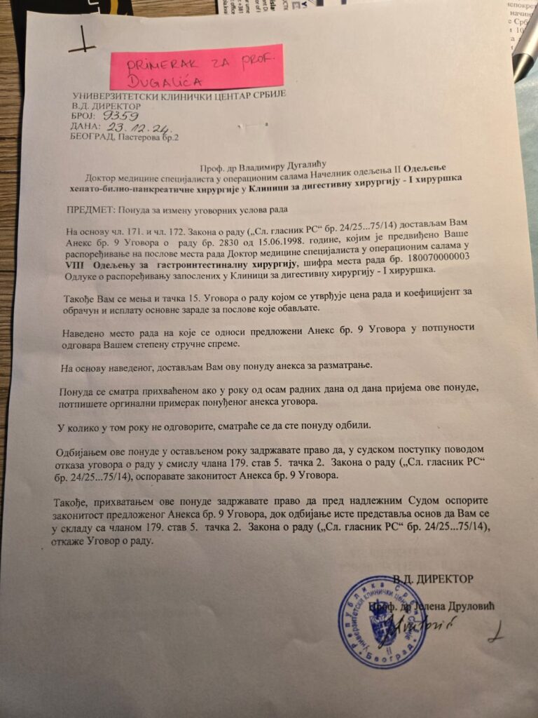 dr Vladimir Dugalić ugovor