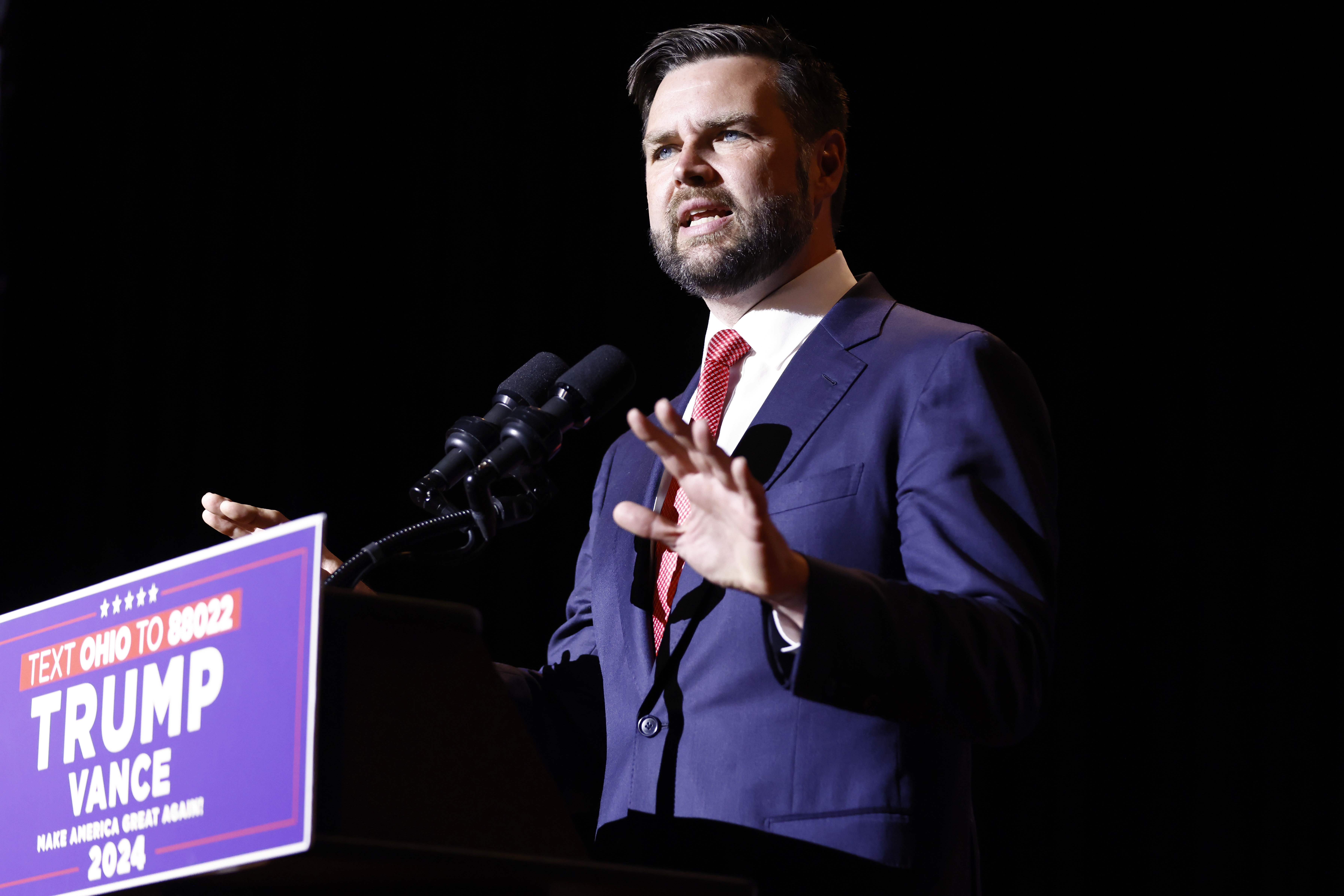 Republican vice presidential candidate Sen. JD Vance, R-Ohio, speaks during a rally in his home town of Middletown, Ohio, Monday, July 22, 2024. (AP Photo/Paul Vernon)