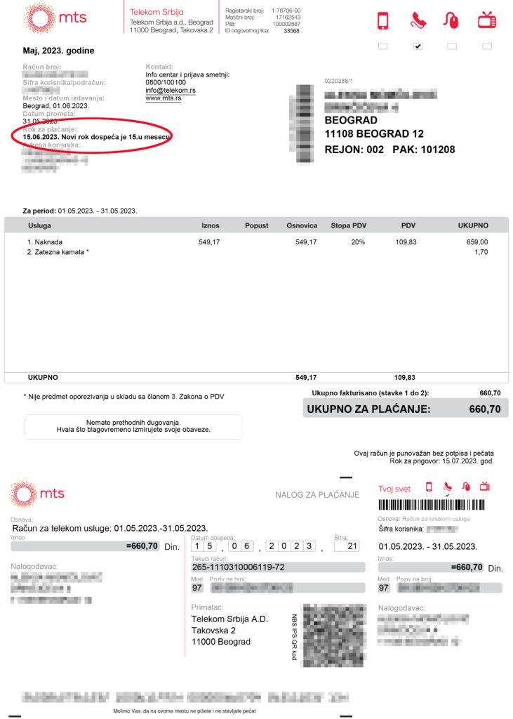 MTS, Telekom Srbija, računi, račun, novi rok za plaćanje, pomeren rok za plaćanje Foto: Privatna arhiva