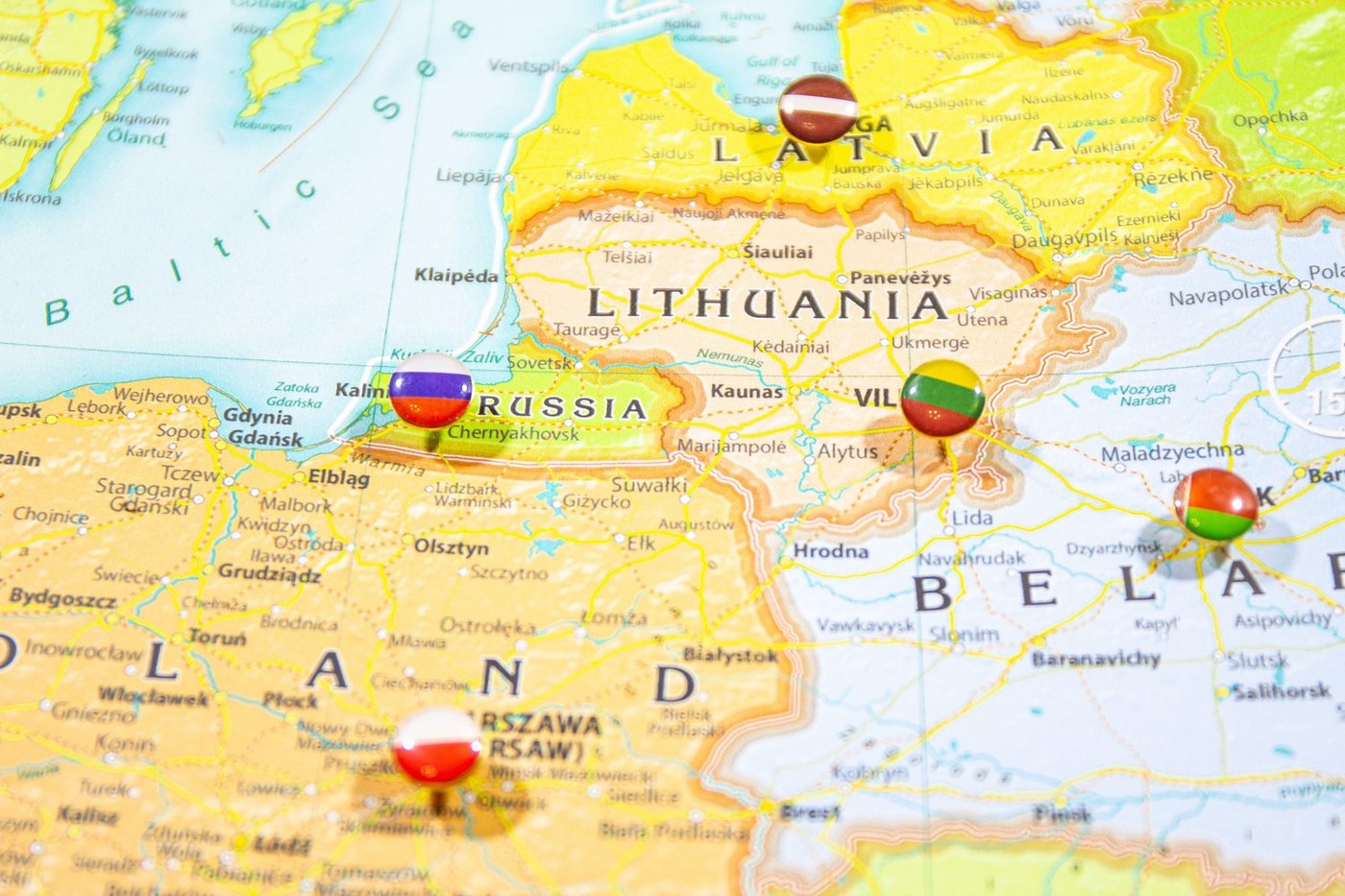 Close-up view of Baltic States on a geographical globe, Map shows capitals countries Latvia -Riga, Lithuania - Vilnus, Estonia -Tallin Poland -Krakow