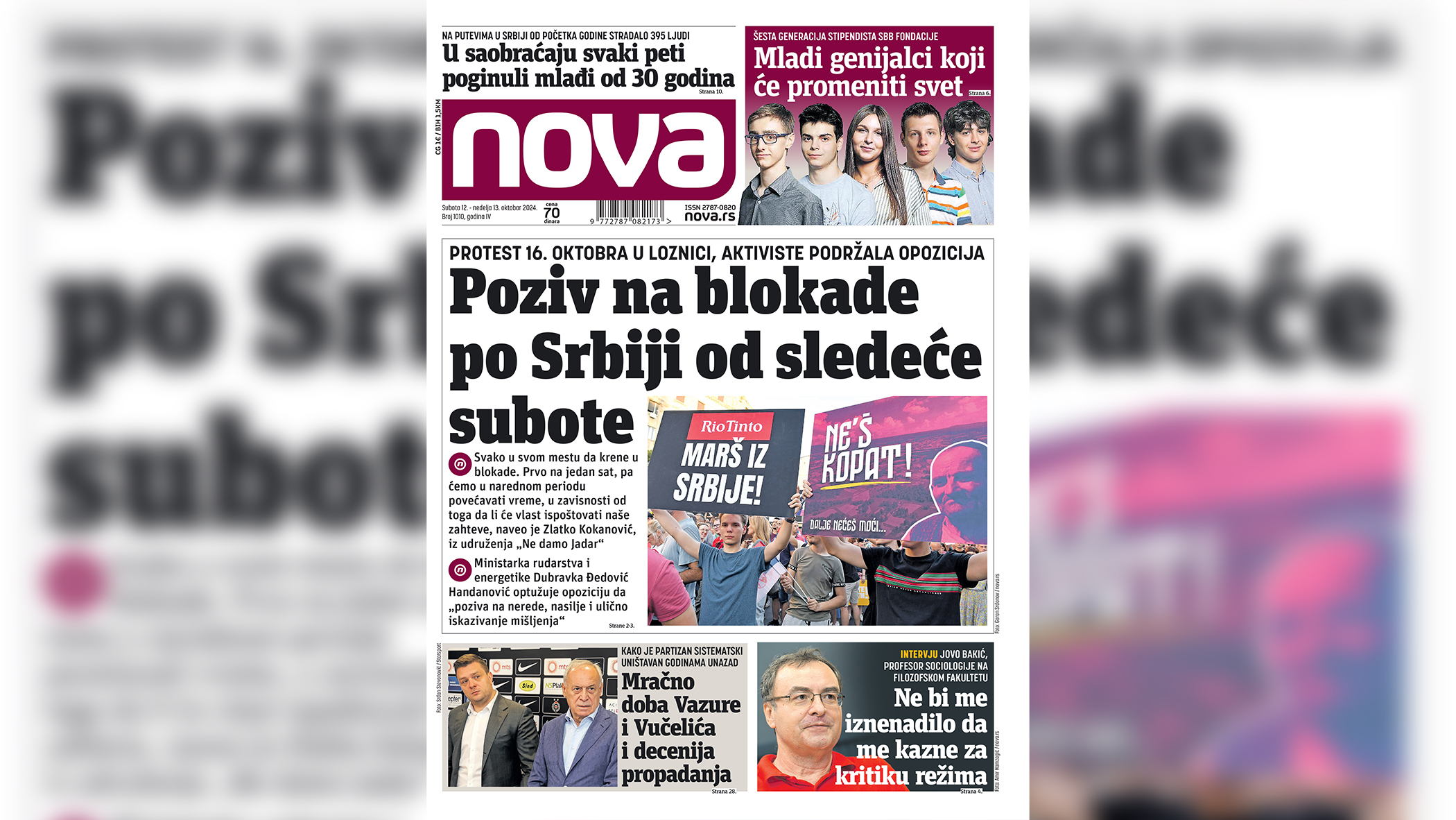 Naslovna strana dnevnih novina Nova za subotu nedelju 12/13 oktobar 2024. godine