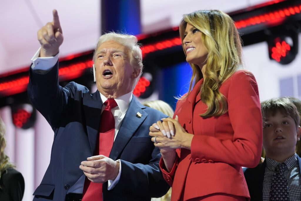 Republican presidential candidate former President Donald Trump and Melania Trump during the final day of the Republican National Convention Thursday, July 18, 2024, in Milwaukee. (AP Photo/Paul Sancya)
