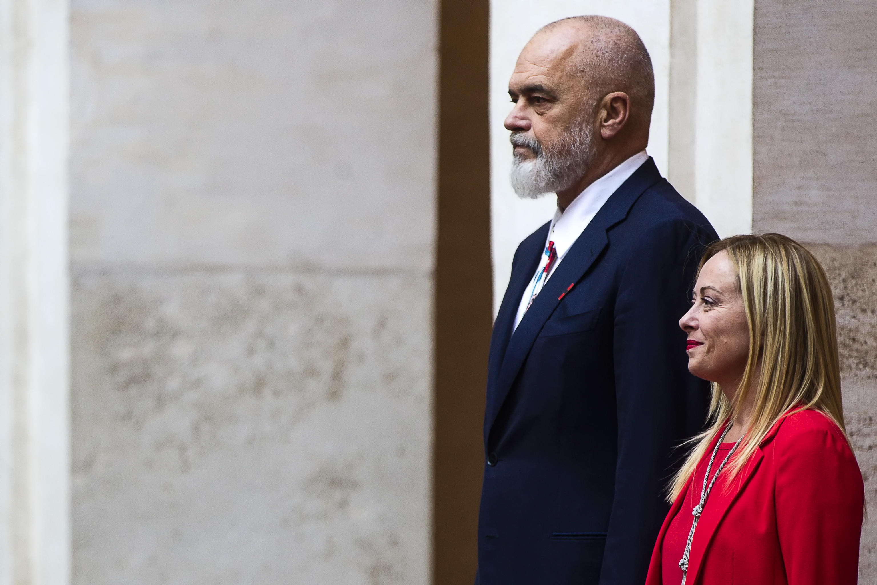 epa10886120 Italian Prime Minister Giorgia Meloni (R) welcomes Albanian Prime Minister Edi Rama ahead of a meeting at Chigi Palace in Rome, Italy, 27 September 2023. Rama is in Italy on an official visit.  EPA-EFE/ANGELO CARCONI
