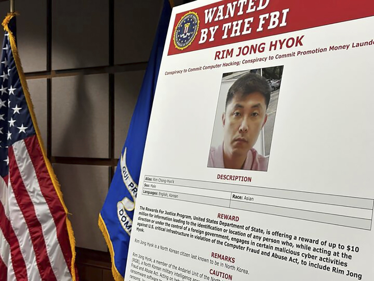 Federal prosecutors announced Thursday, July 25, 2024, that they have indicted a North Korean national in a conspiracy to hack hospitals, military bases and NASA, in Kansas City, Kan. Rim Jong Hyok is wanted by the FBI. (AP Photo/Nick Ingram)