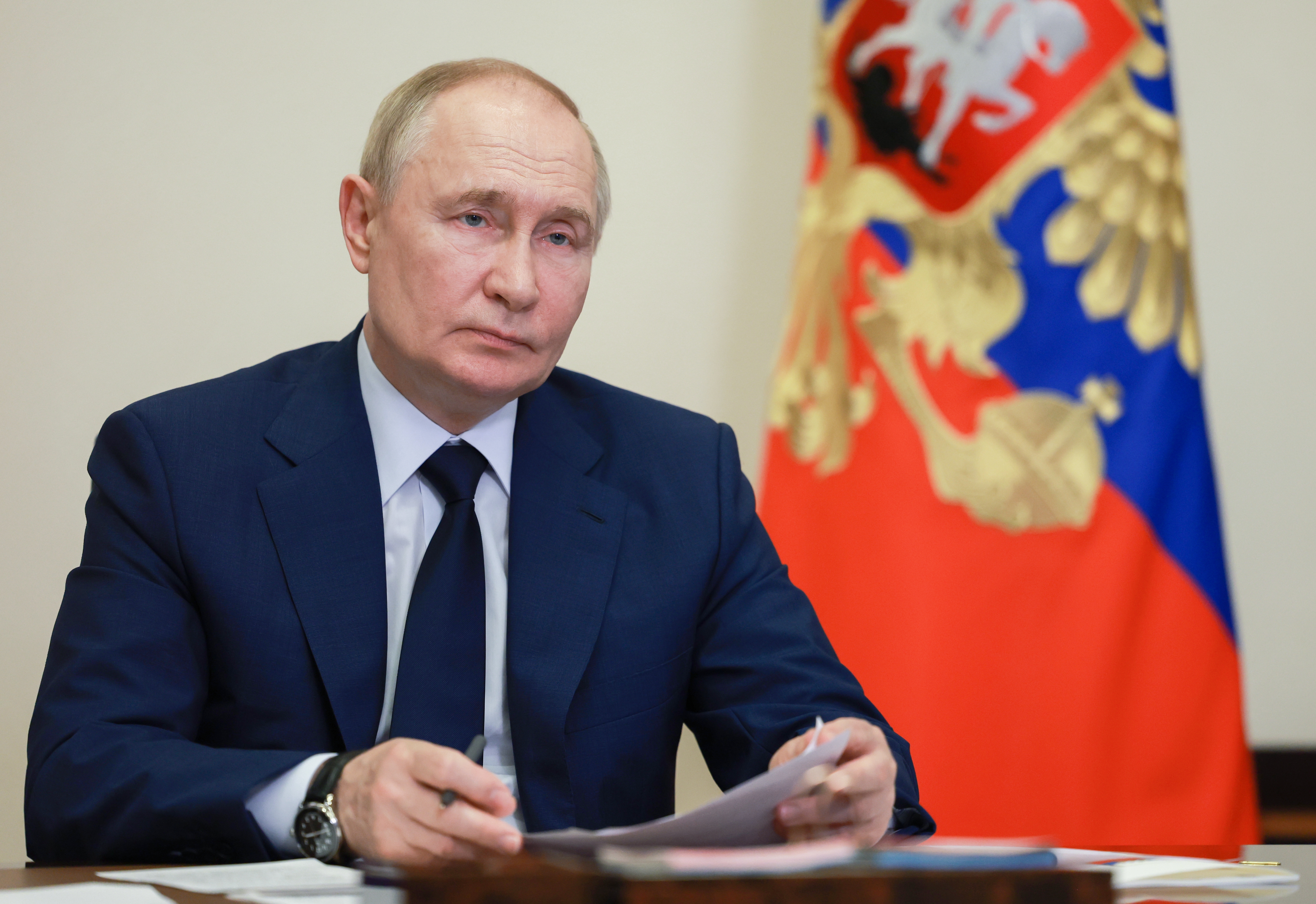 epa11480074 Russian President Vladimir Putin attends a ceremony of launch a new metallurgical facilities via video-link, at Novo-Ogaryovo state residence, outside Moscow, Russia, 15 July 2024.  EPA-EFE/VYACHESLAV PROKOFIEV/SPUTNIK/KREMLIN / POOL