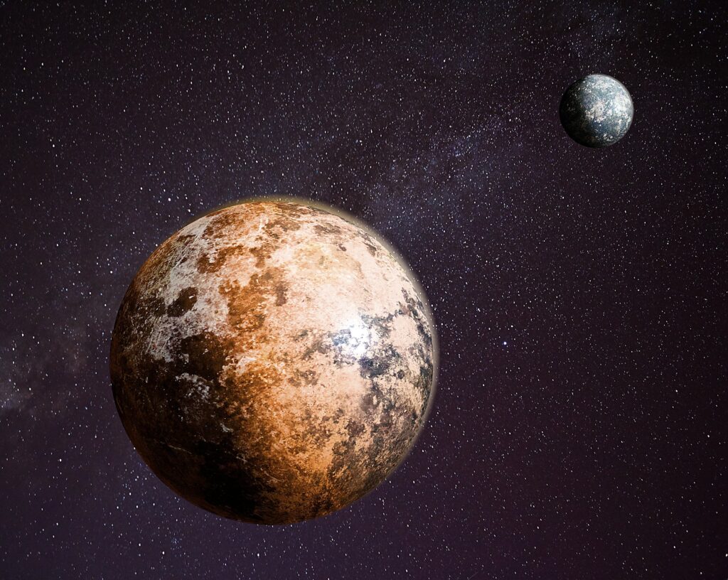 Pluto in the foreground with largest moon Charon behind.  Mock-up of how the planet and it's moon might look.,Image: 218746333, License: Rights-managed, Restrictions: , Model Release: no, Credit line: Sam Barnes / Alamy / Alamy / Profimedia