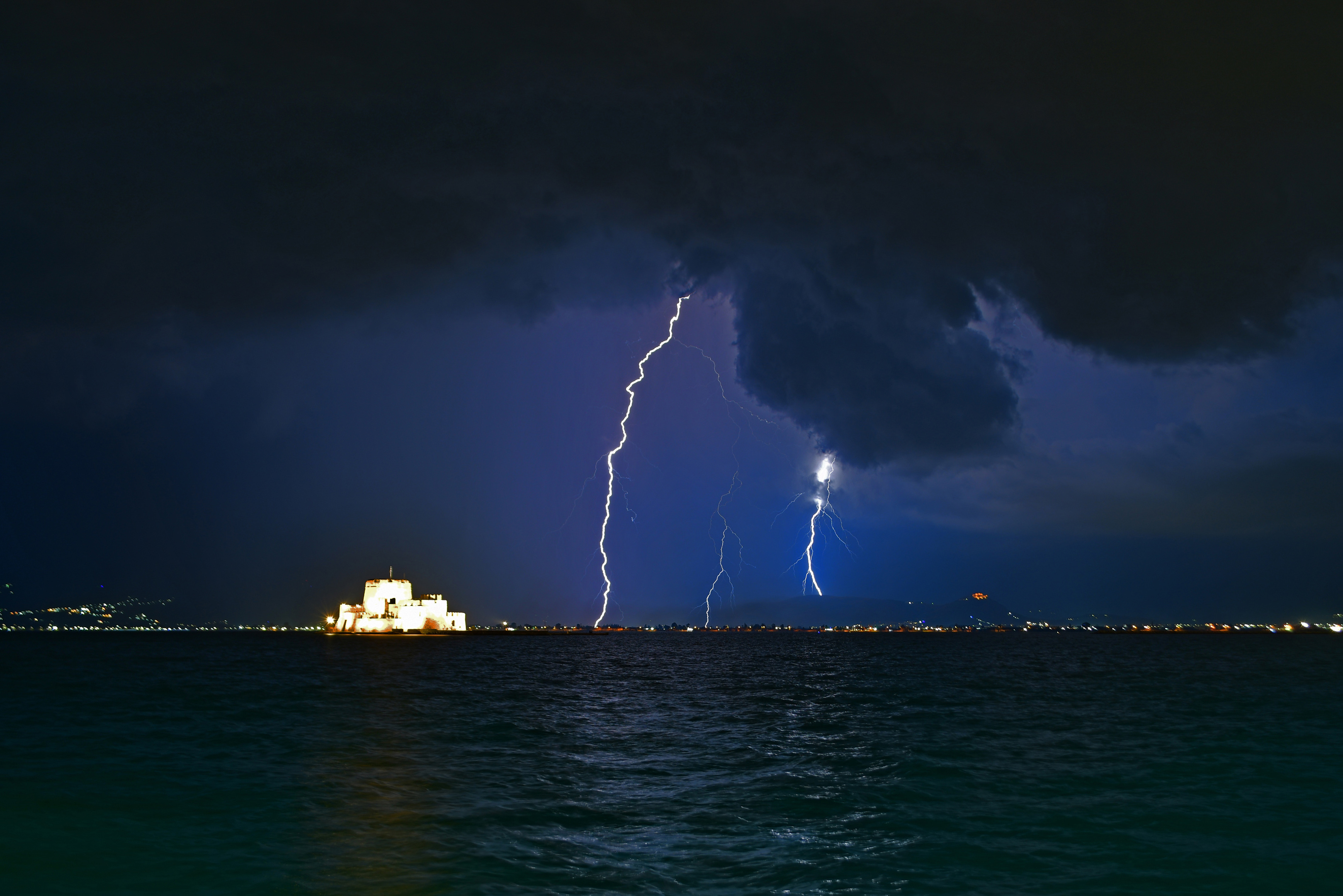 A lightning strike hits the city of Nafplio