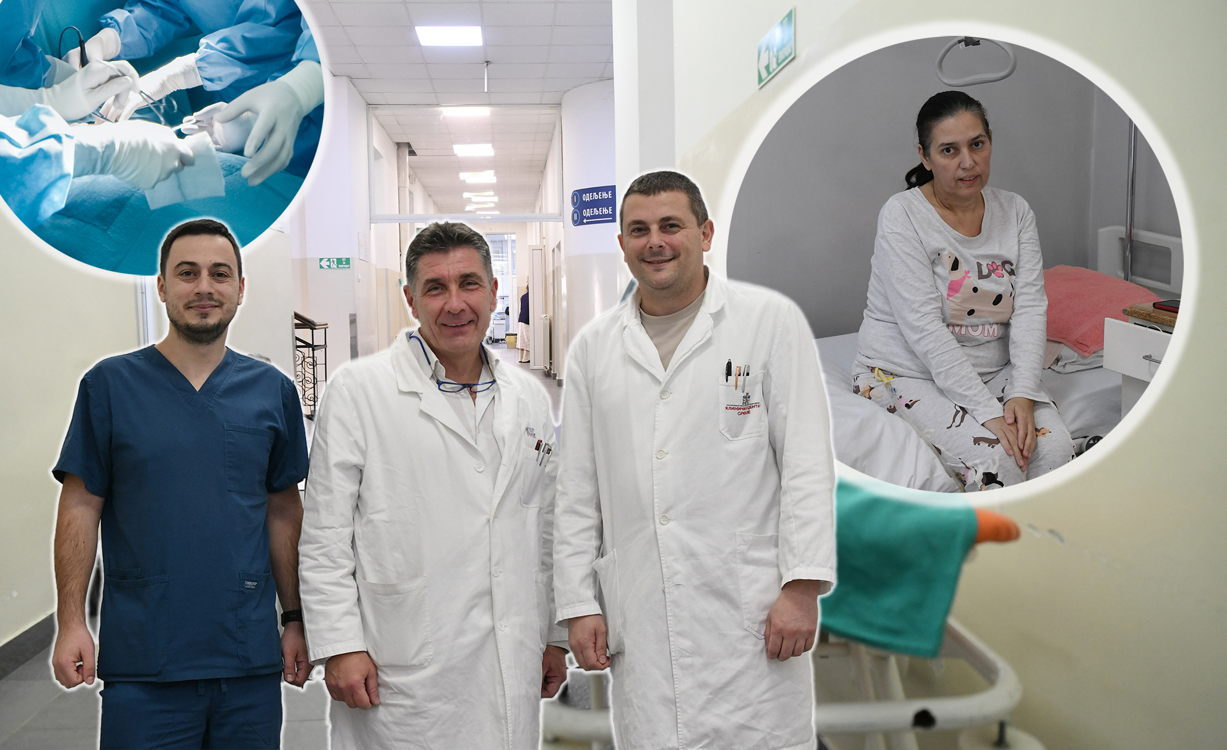 dajte doktora Dugalića (najstariji u belom mantilu) i njegov tim u fokus, pacijentkinju i bolnicu Prvu hiruršku u pozadini ili neku random operaciju.prva hirurška, doktor dugalic, pacijentkinja, operacija kombo