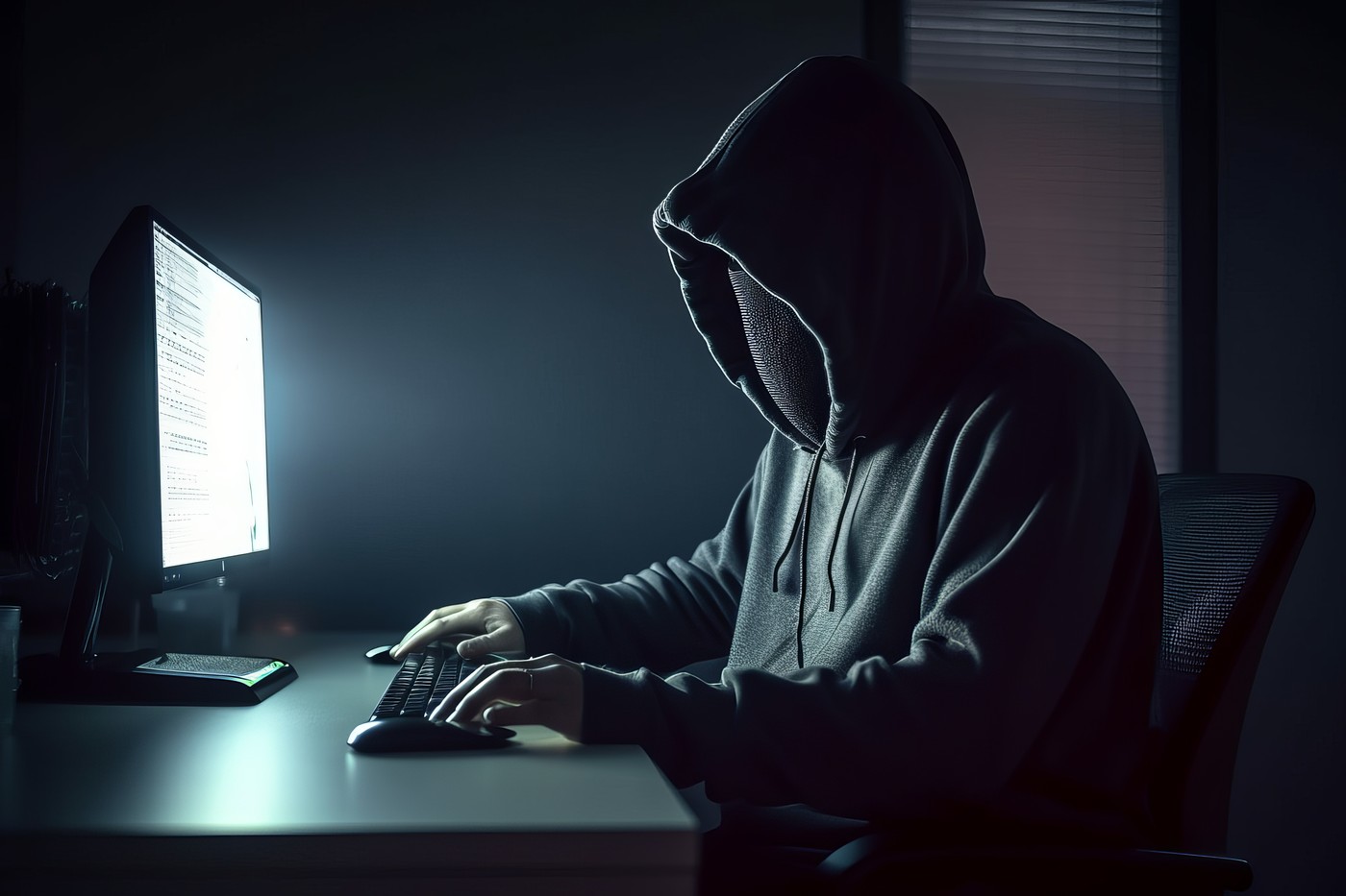 Hacker wearing hoodie in front of monitor. Generate Ai