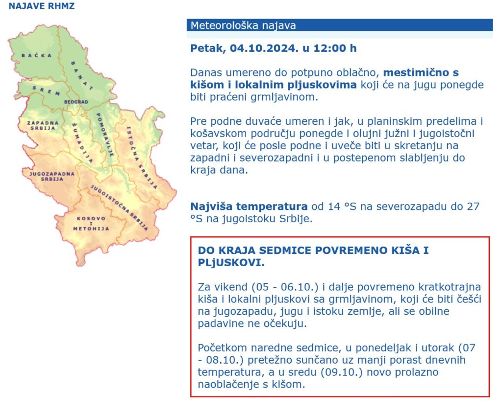 Vremenska prognoza, upozorenja i najave, grafika, meteo alarm Foto: RHMZ