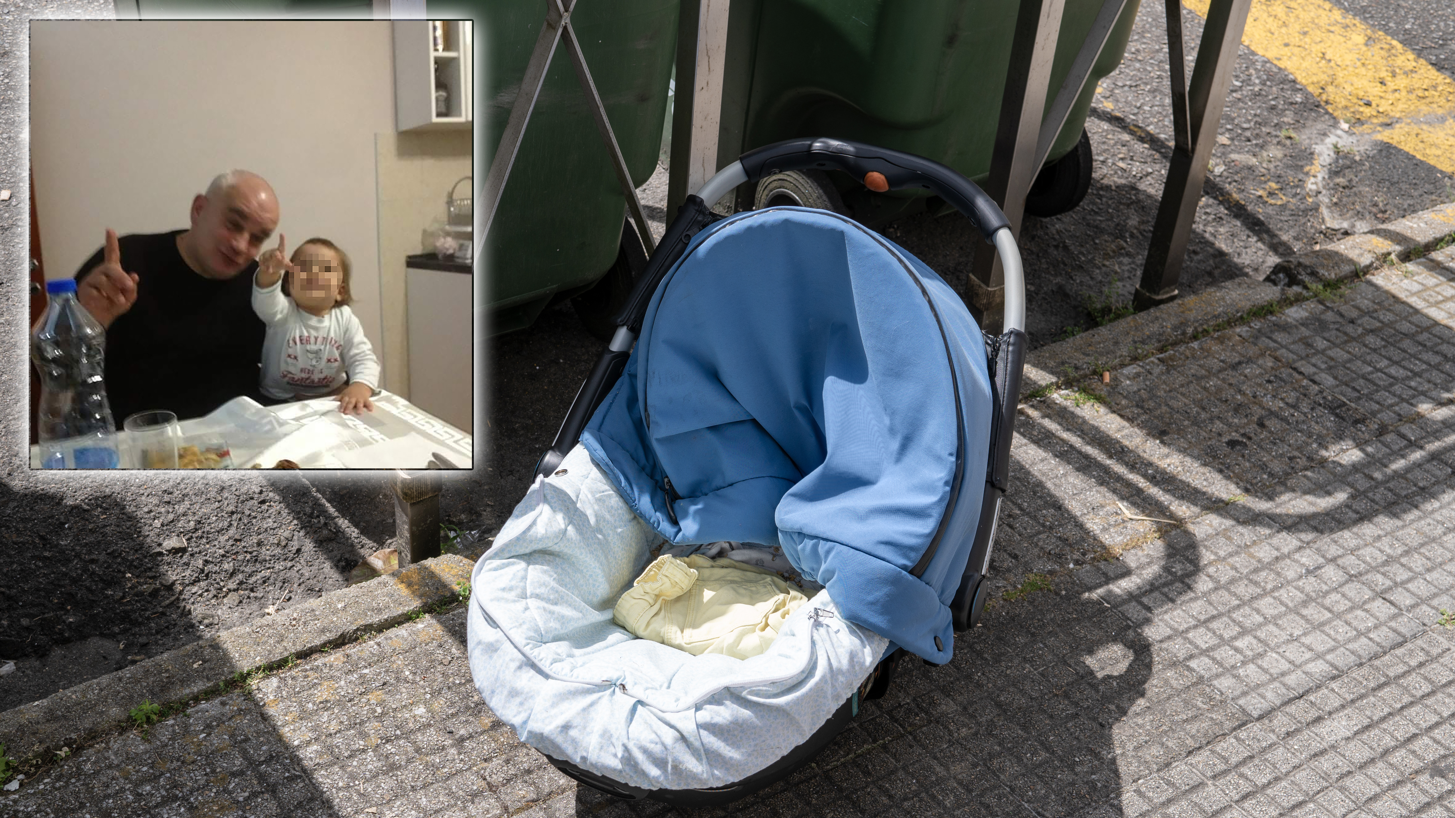 Abandoned baby carriage near public trash bin on sidewalk. Abandoned concept Svetozar Spasojević