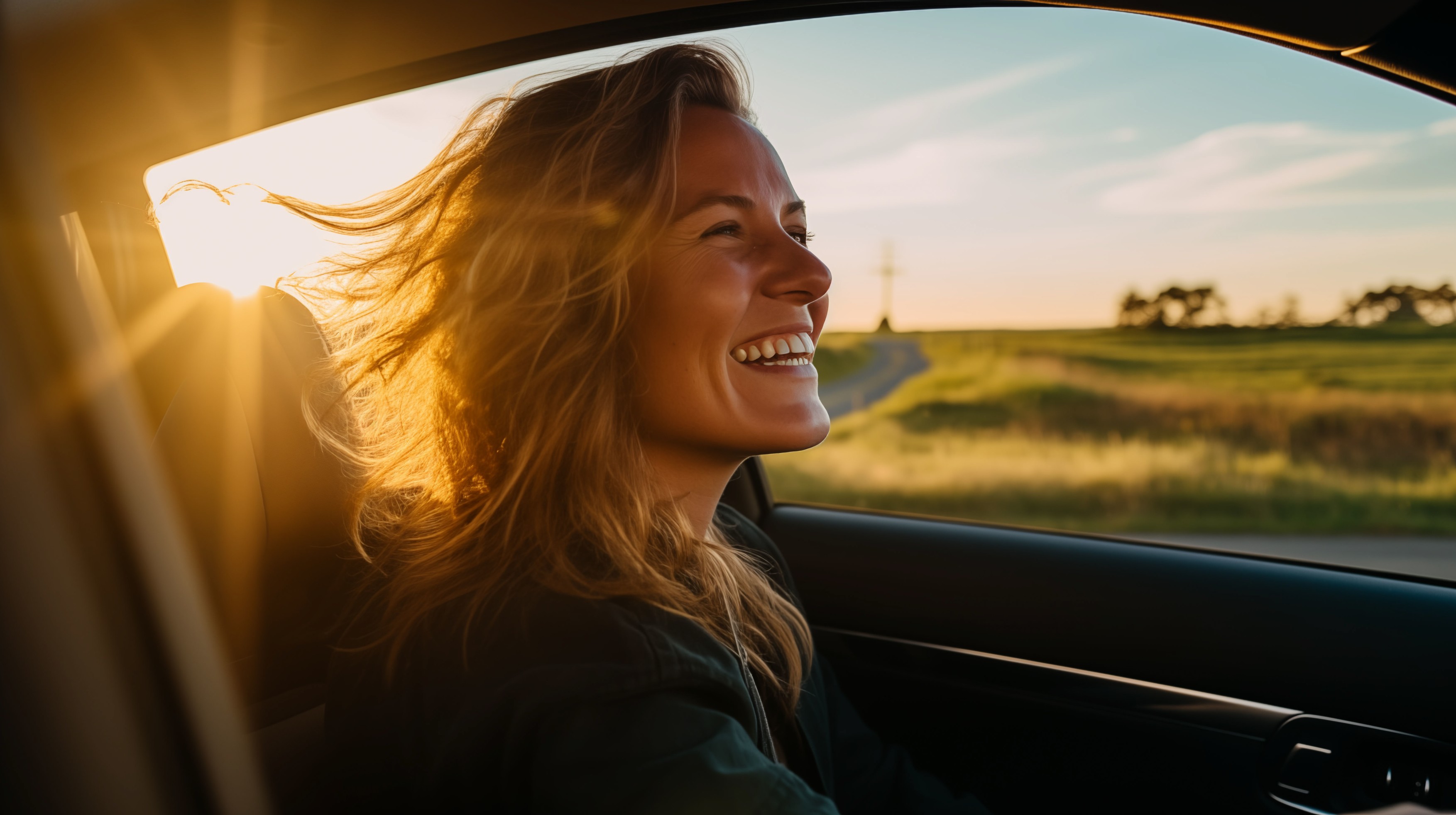 smiling and happy young woman inside a car driving countryside at sunrise,Image: 830167085, License: Royalty-free, Restrictions: , Model Release: no, Credit line: Philippe Ramakers / Panthermedia / Profimedia