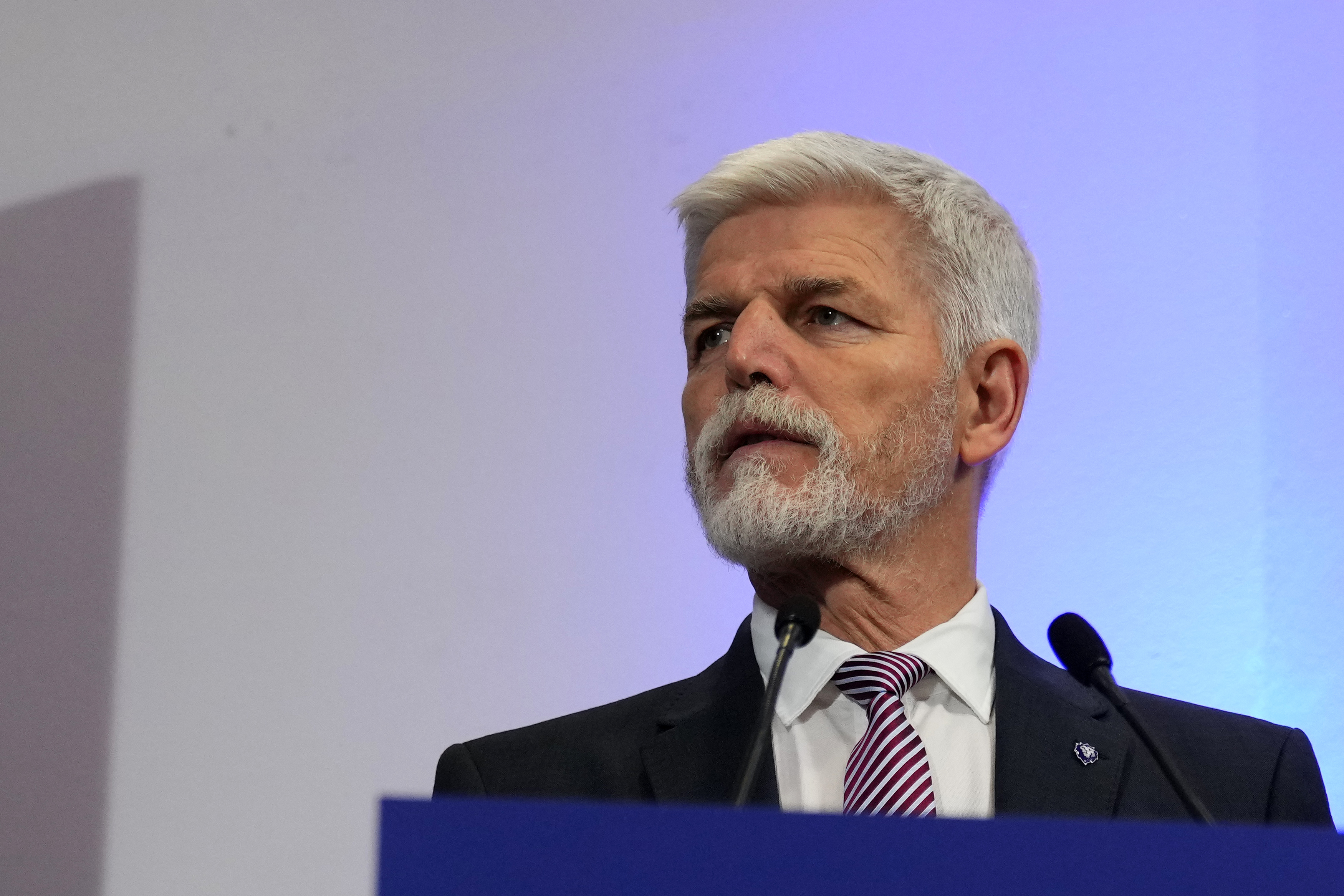 Presidential candidate Petr Pavel addresses media after announcement of the preliminary results for the first round of presidential election in Prague, Czech Republic, Saturday, Jan. 14, 2023. (AP Photo/Petr David Josek)