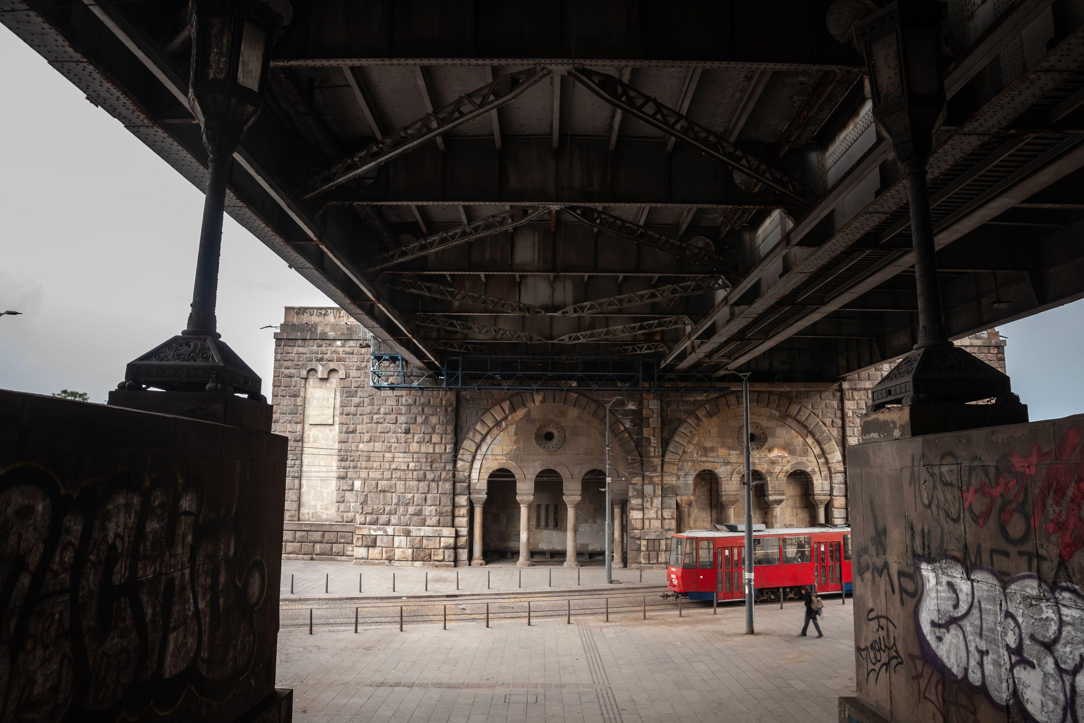 Picture of a tram passing under the brankov most bridge of belgrade, Serbia. Branko's bridge is the second-largest bridge (after Gazela) of Belgrade,