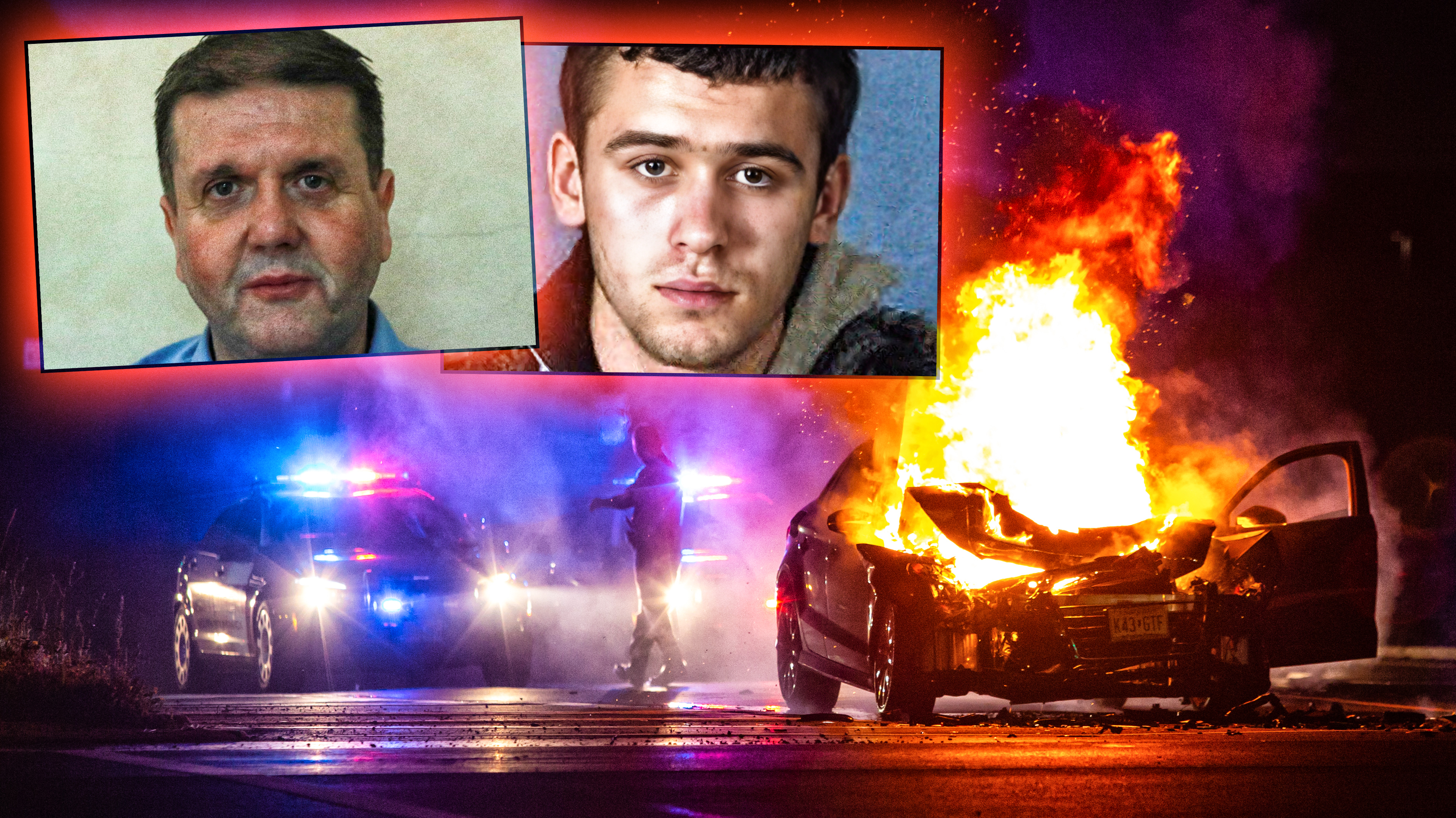 Car,On,Fire,At,Night,With,Police,Lights,In,Background