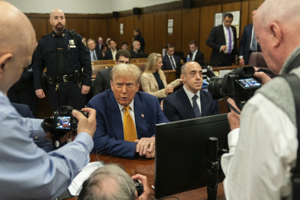 Former President Donald Trump appears at Manhattan criminal court before his trial in New York, Thursday, May 2, 2024.  (Jeenah Moon/Pool Photo via AP)